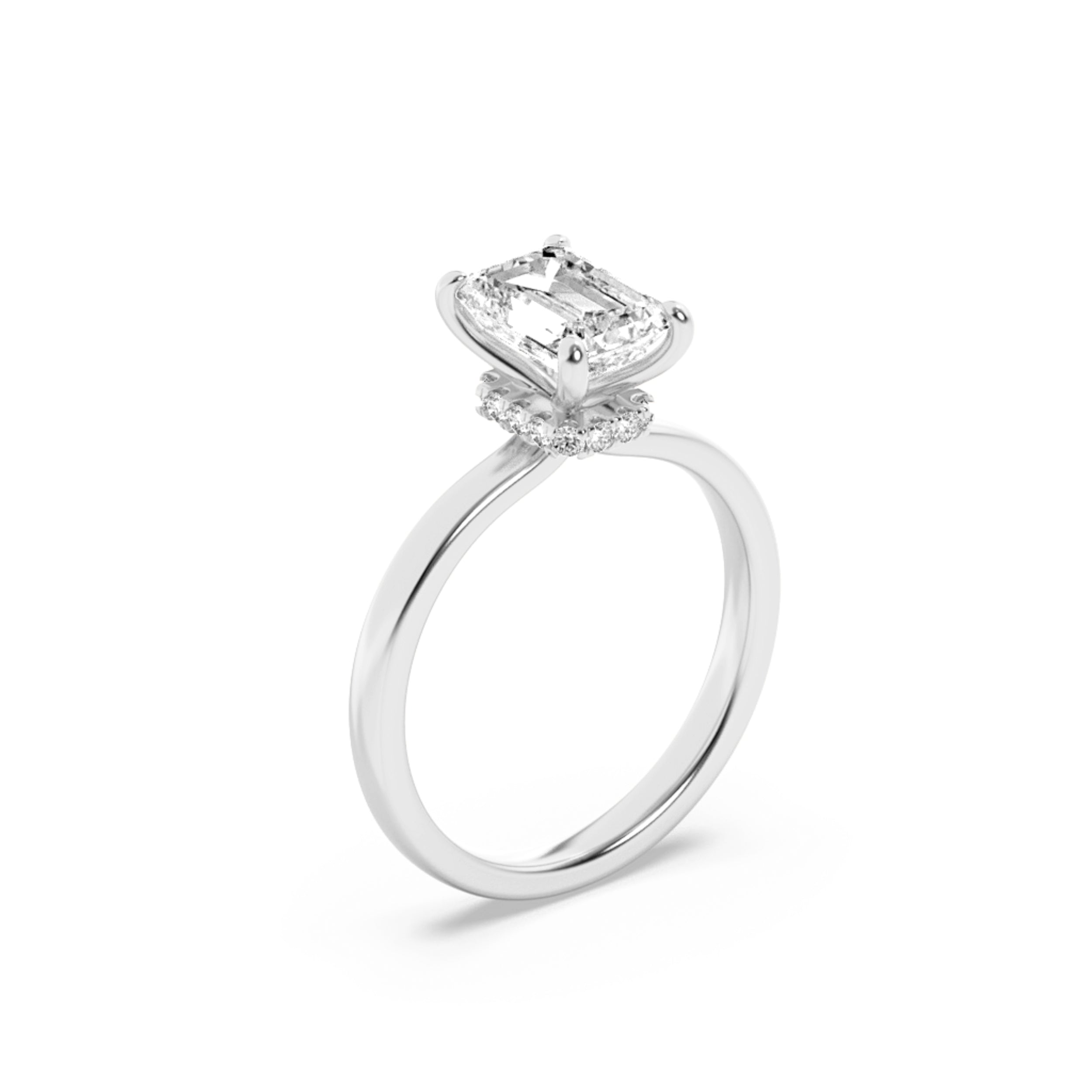 3Cttw Emerald Shaped Lab Grown Diamond (F/VS) Hidden Halo Plain Shank Engagement Ring in 14K Gold