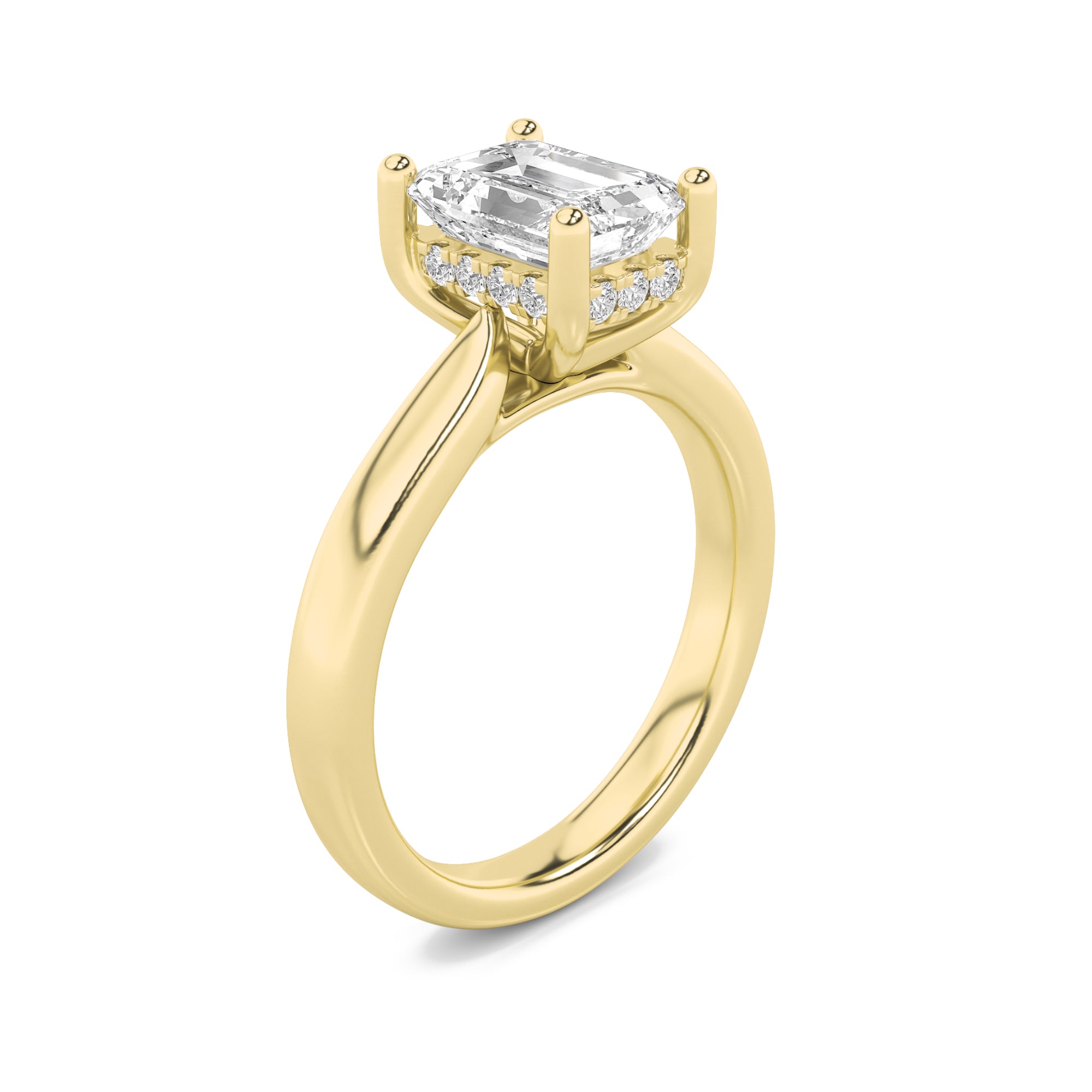 2Cttw Emerald Shaped Lab Grown Diamond (F/VS) Hidden Halo Cathedral Shank Engagement Ring in 14K Gold