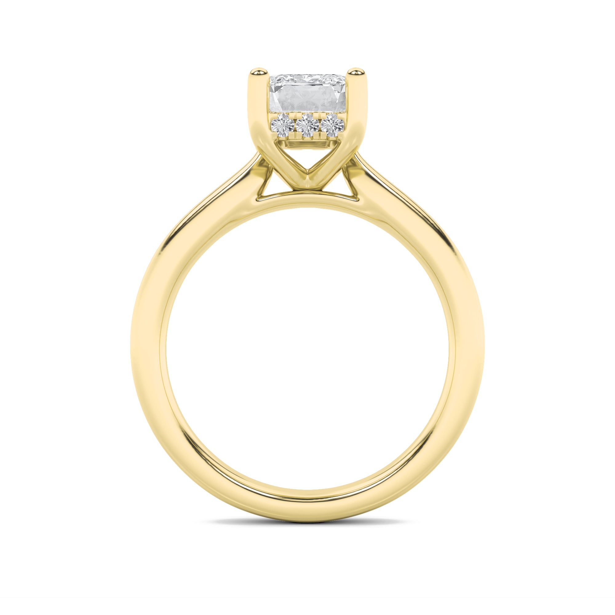 2Cttw Emerald Shaped Lab Grown Diamond (F/VS) Hidden Halo Cathedral Shank Engagement Ring in 14K Gold