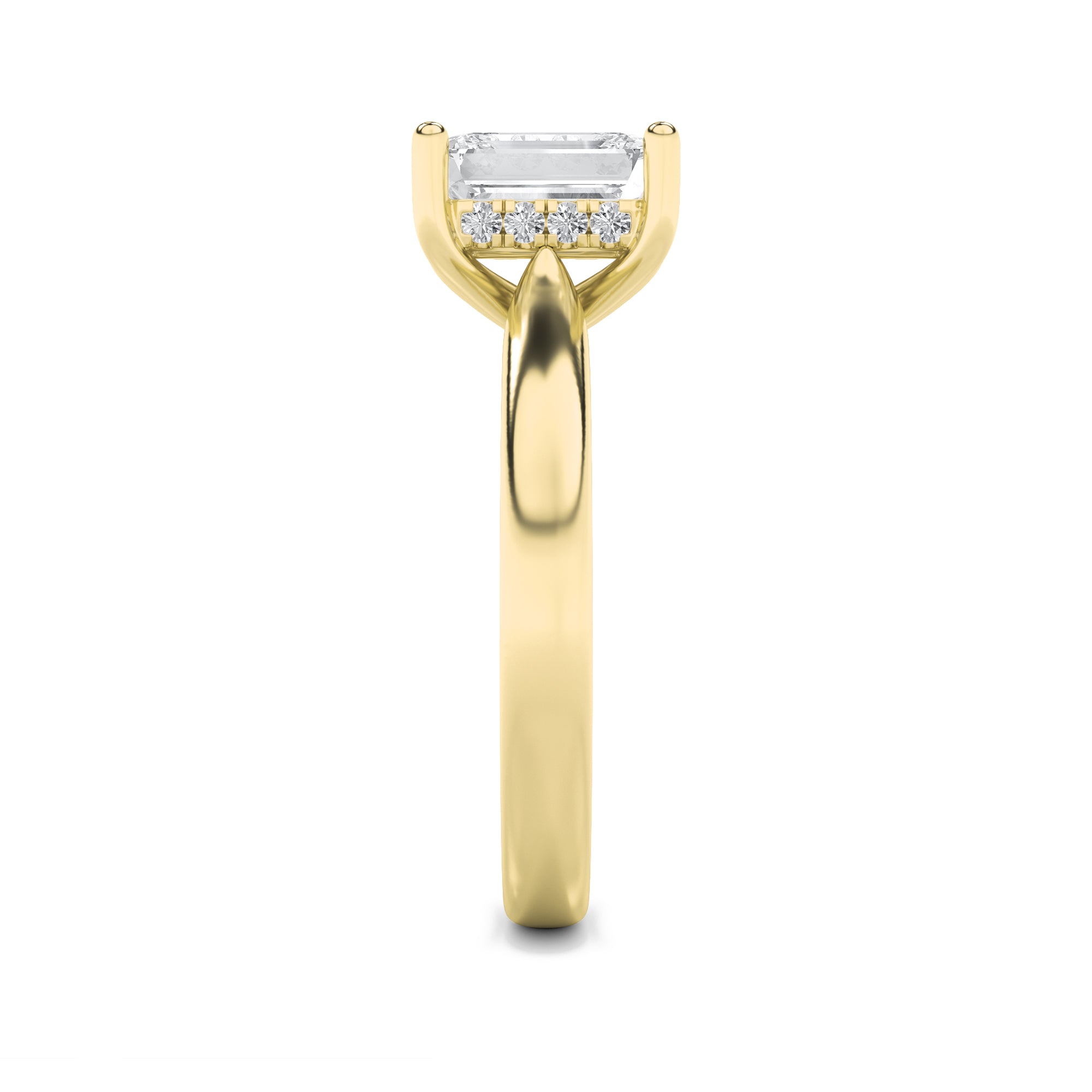 2Cttw Emerald Shaped Lab Grown Diamond (F/VS) Hidden Halo Cathedral Shank Engagement Ring in 14K Gold