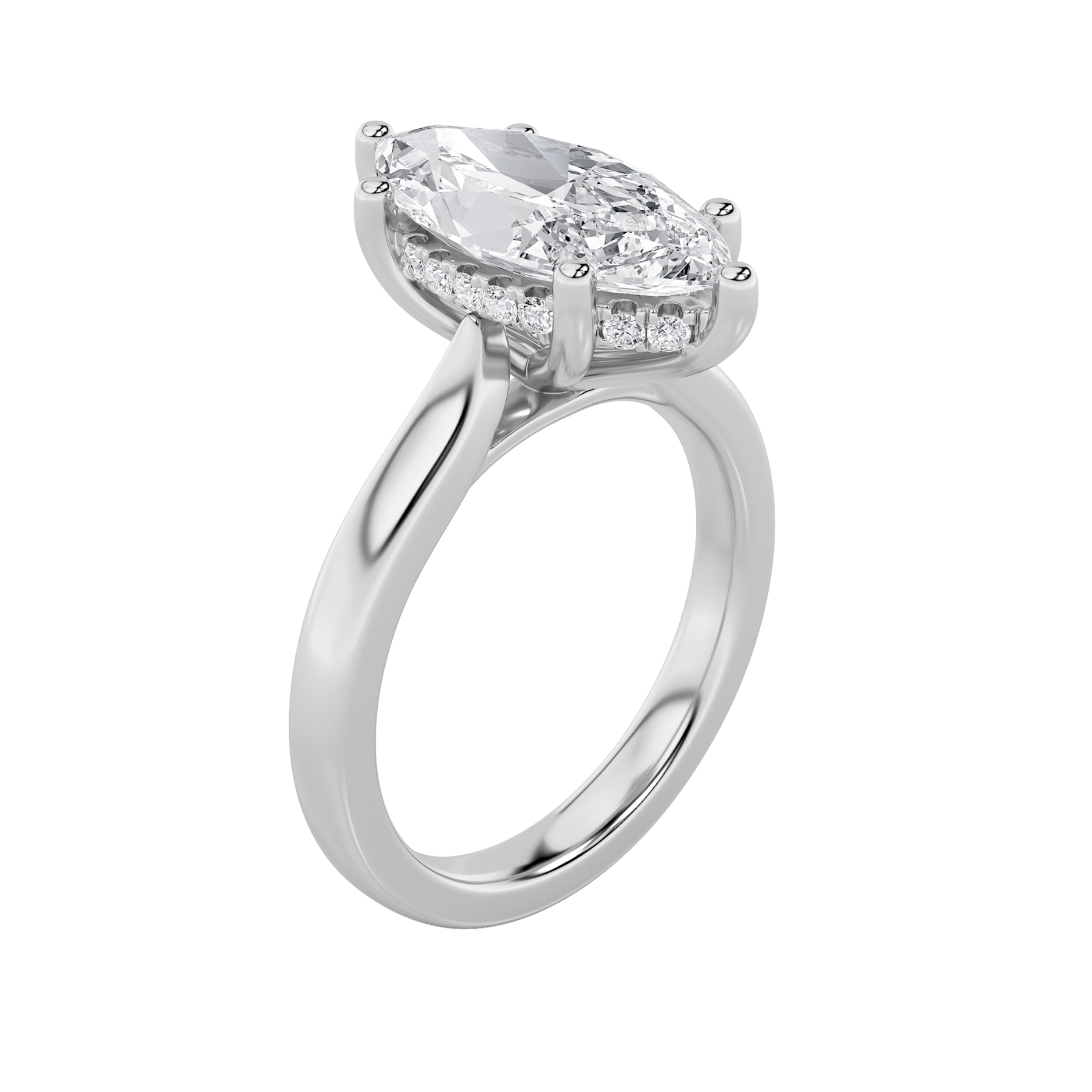 1Cttw Marquise Shaped Lab Grown Diamond (F/VS) Hidden Halo Cathedral Shank Engagement Ring in 14K Gold