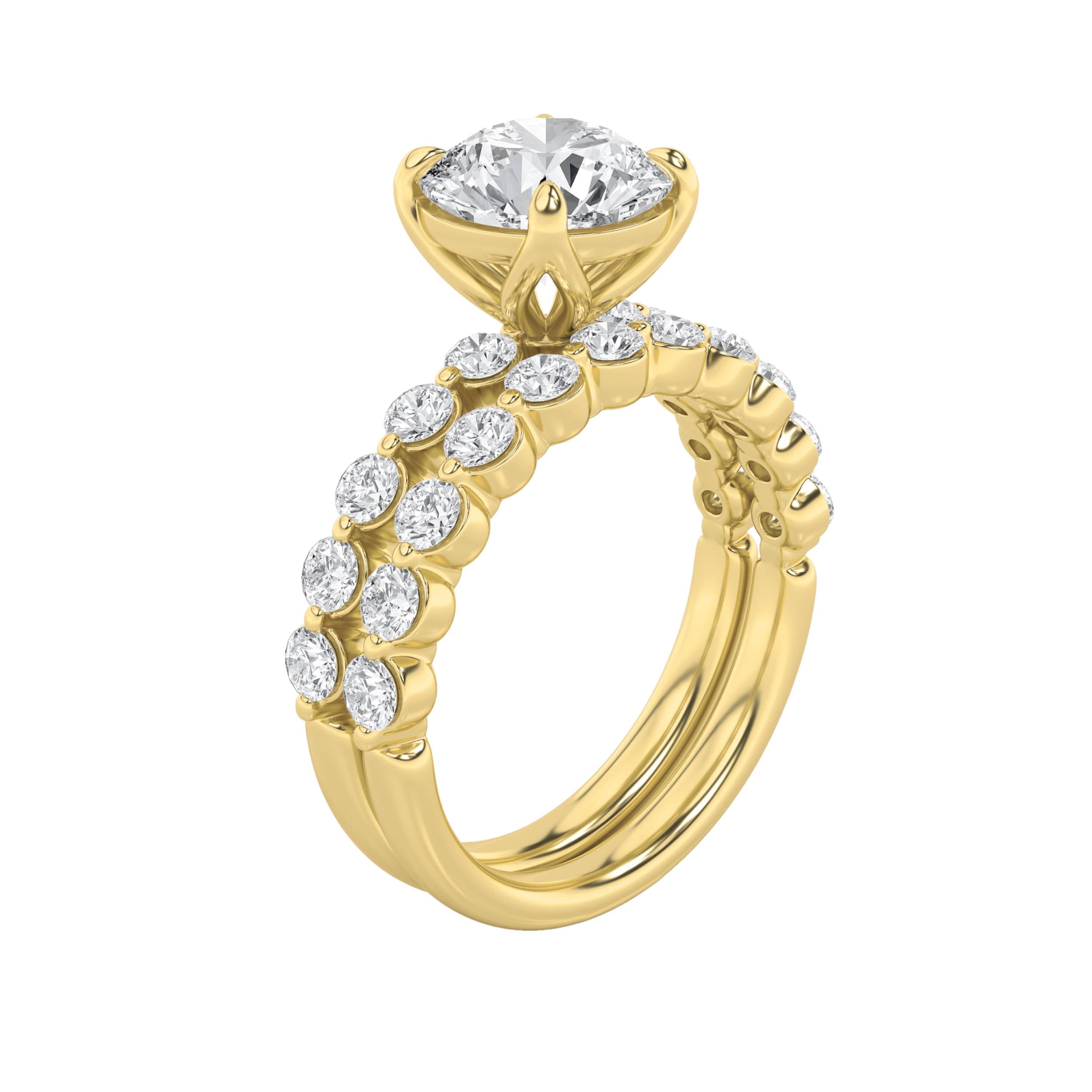 3.75Cttw Round Shaped Lab Grown Diamond (F/VS) Accented Double Halo Set of Band and  Ring in 14K Gold