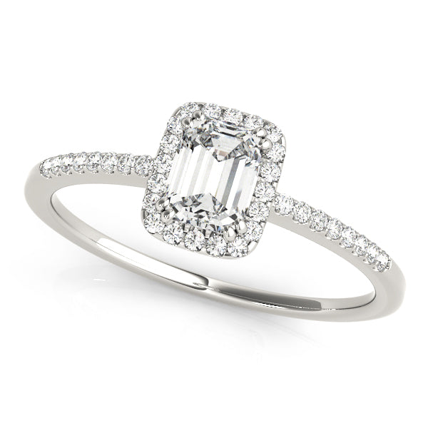 Single Row Halo Emerald Cut Engagement Ring