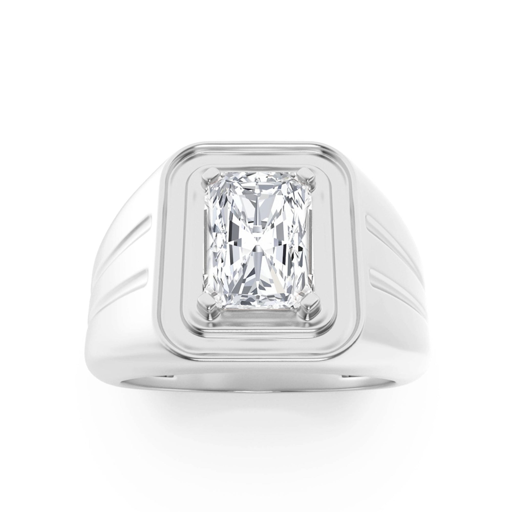 2CTW Emerald Shaped Lab Grown Diamond (F/VS) Mens Ring in 14K White Gold