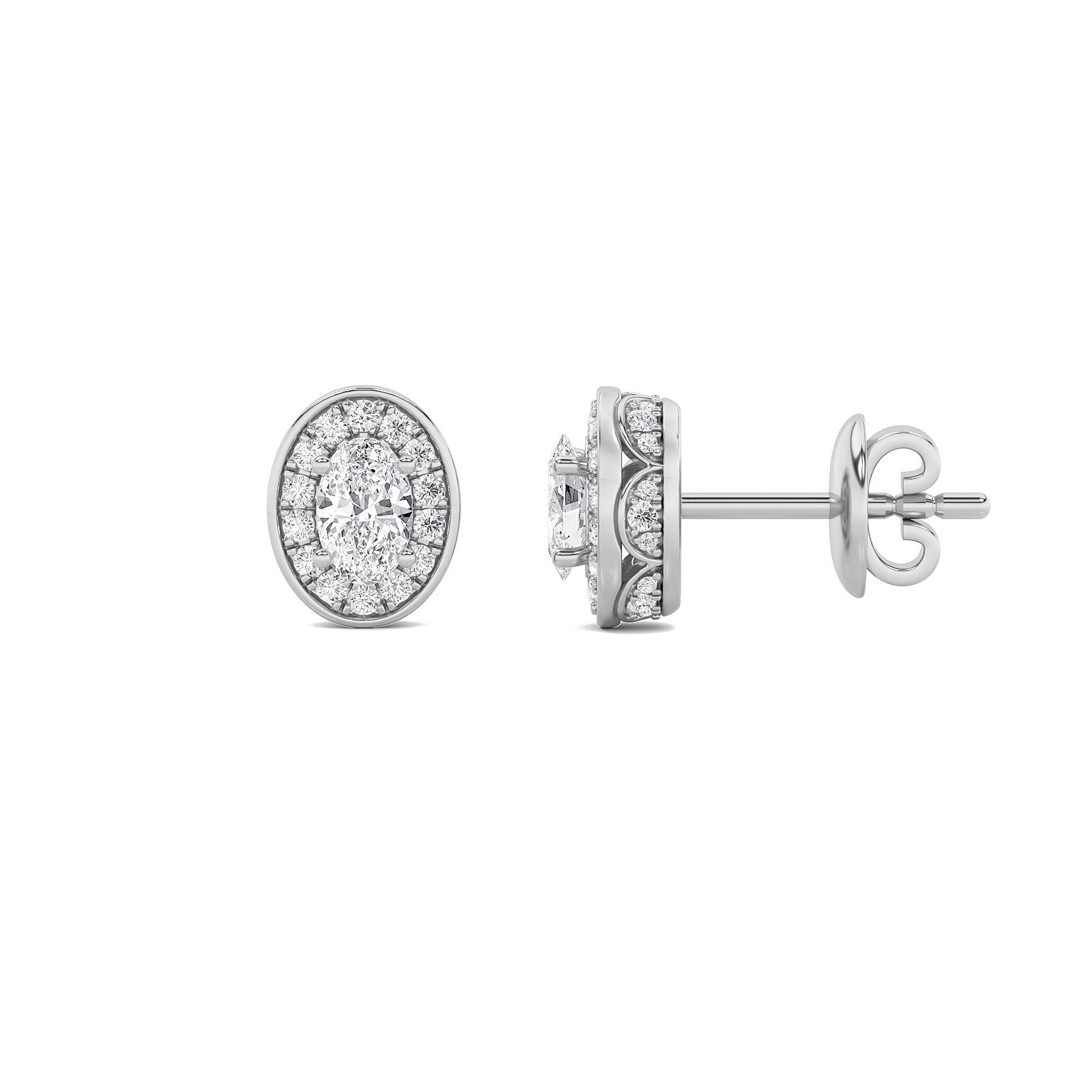 2CTW Oval Shaped Lab Grown Diamond (F/VS) Halo Stud Earrings in 14K Gold