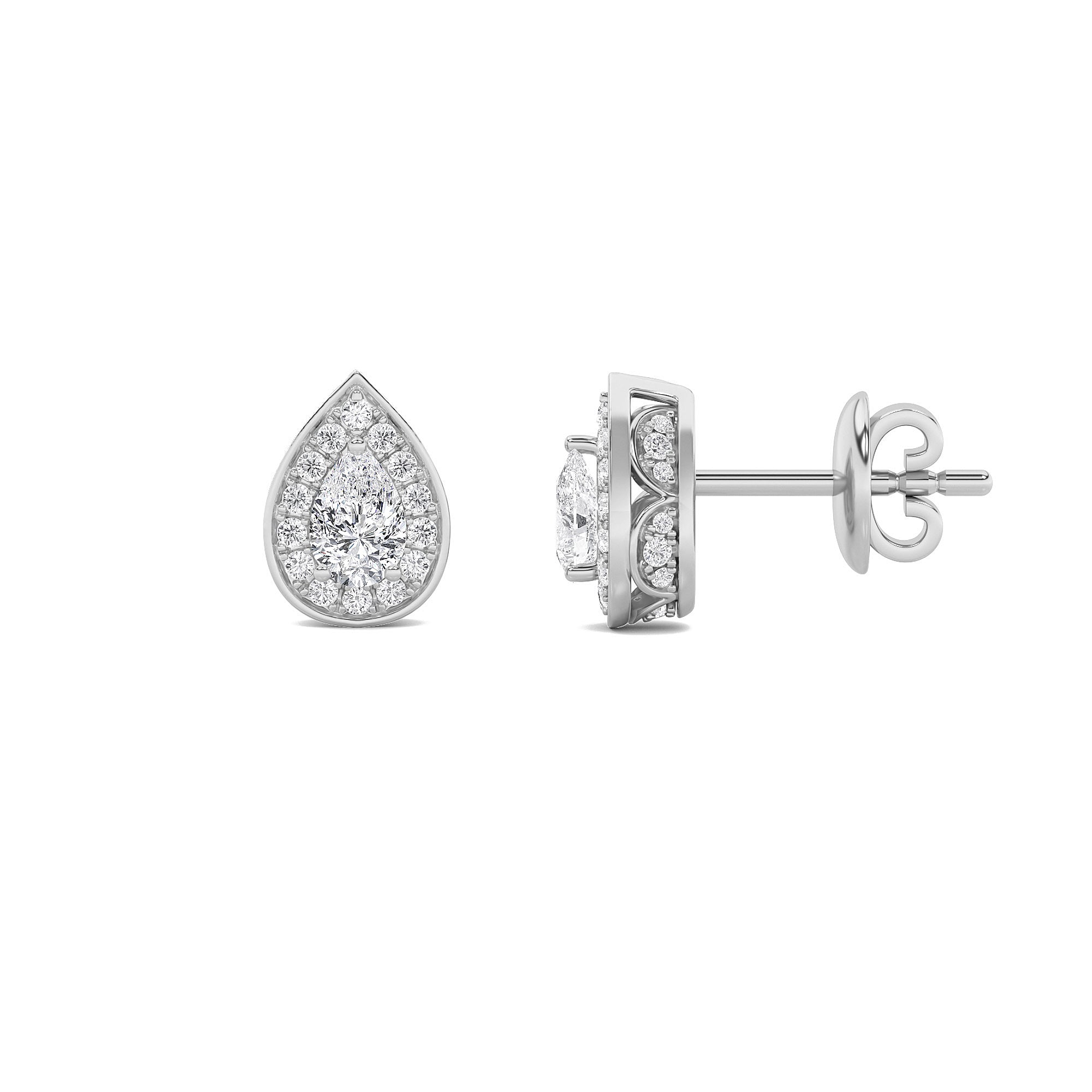 1CTW Pear Shaped Lab Grown Diamond (F/VVS) Halo Stud Earrings in 14K Gold