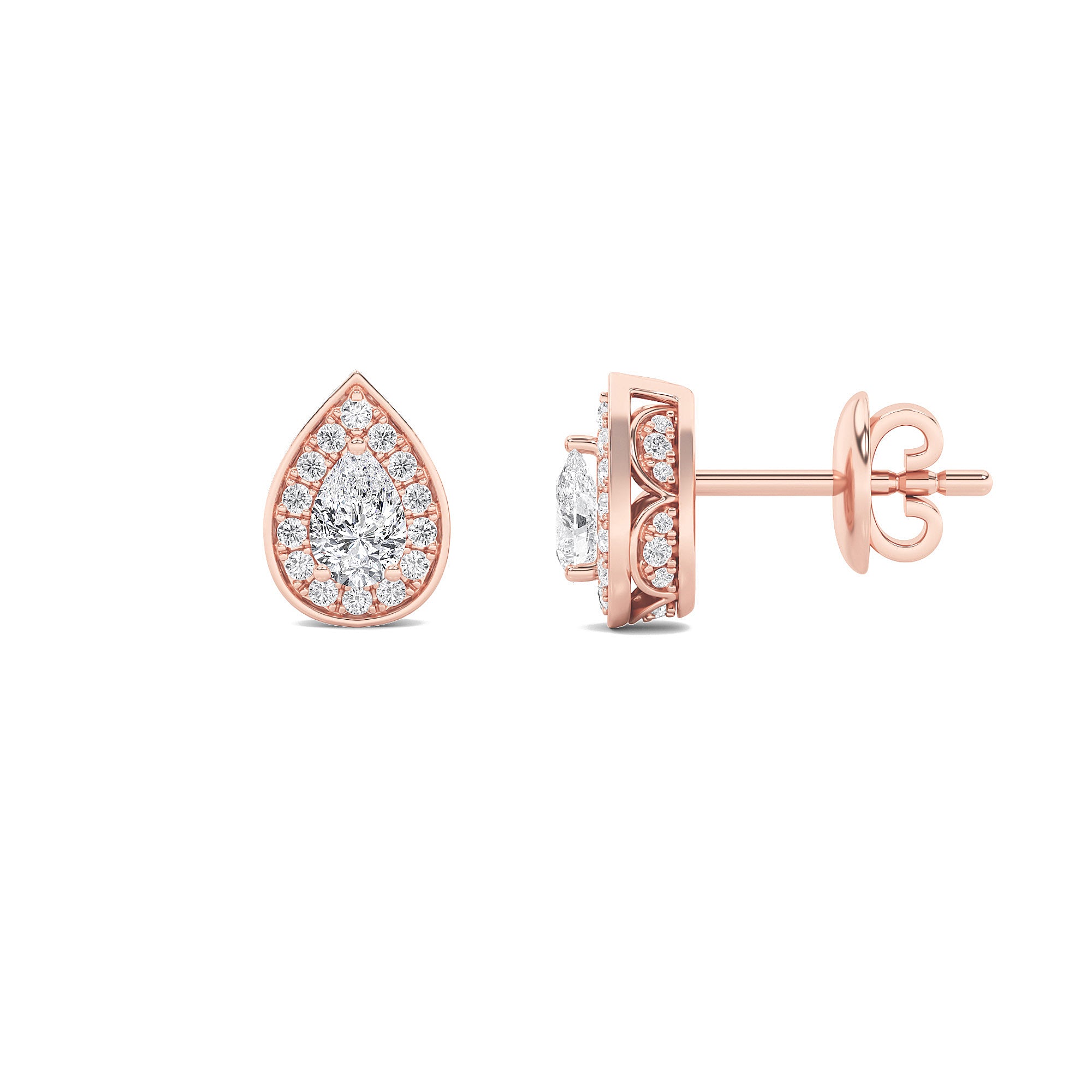 1CTW Pear Shaped Lab Grown Diamond (F/VVS) Halo Stud Earrings in 14K Gold