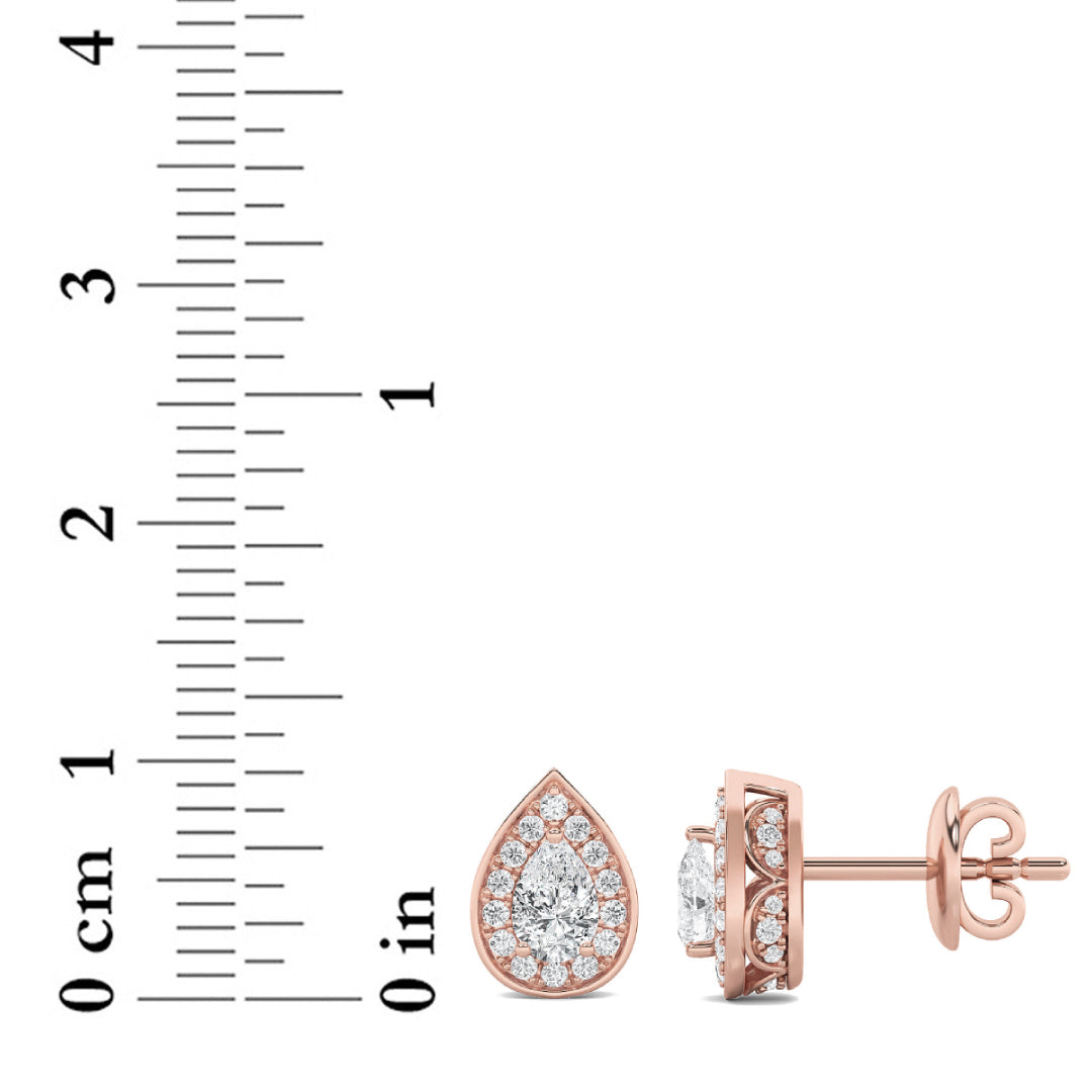 1CTW Pear Shaped Lab Grown Diamond (F/VVS) Halo Stud Earrings in 14K Gold