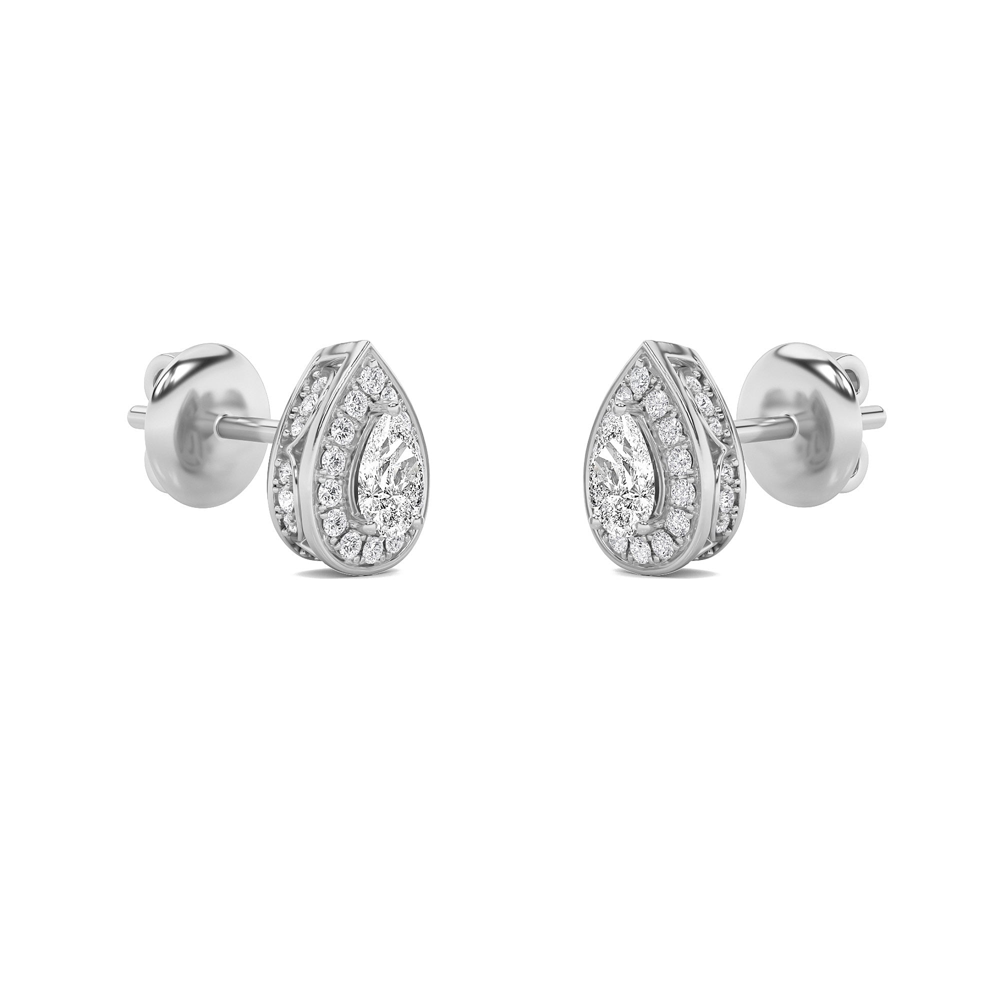 2CTW Pear Shaped Lab Grown Diamond (F/VS) Halo Stud Earrings in 14K Gold