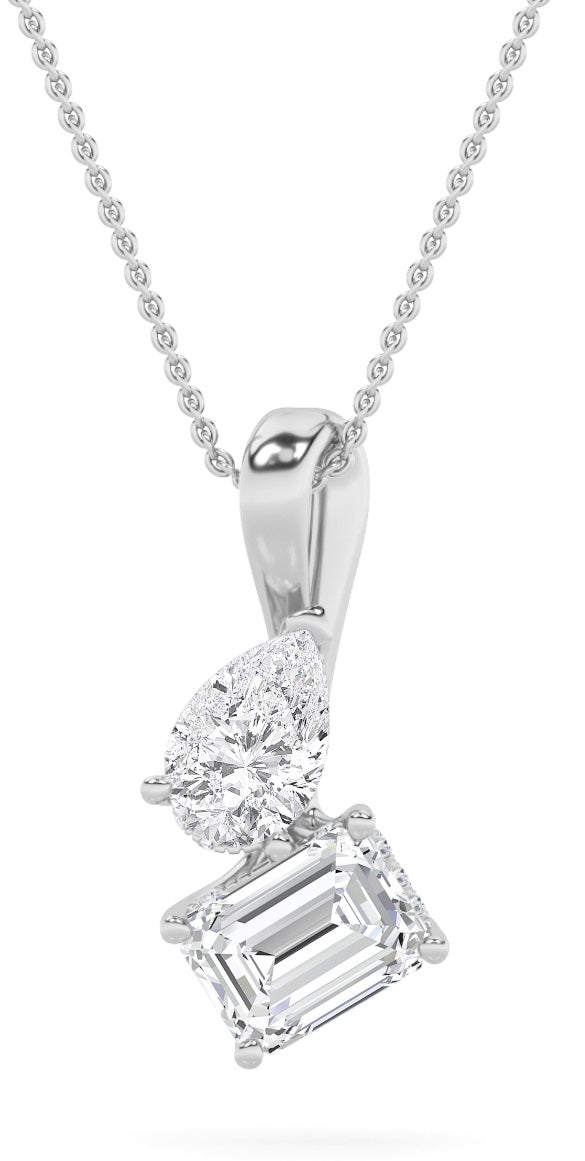 3CTW Emerald Shaped Lab Grown Diamond (F/VS) Toi et Moi Pendant in 14K Gold