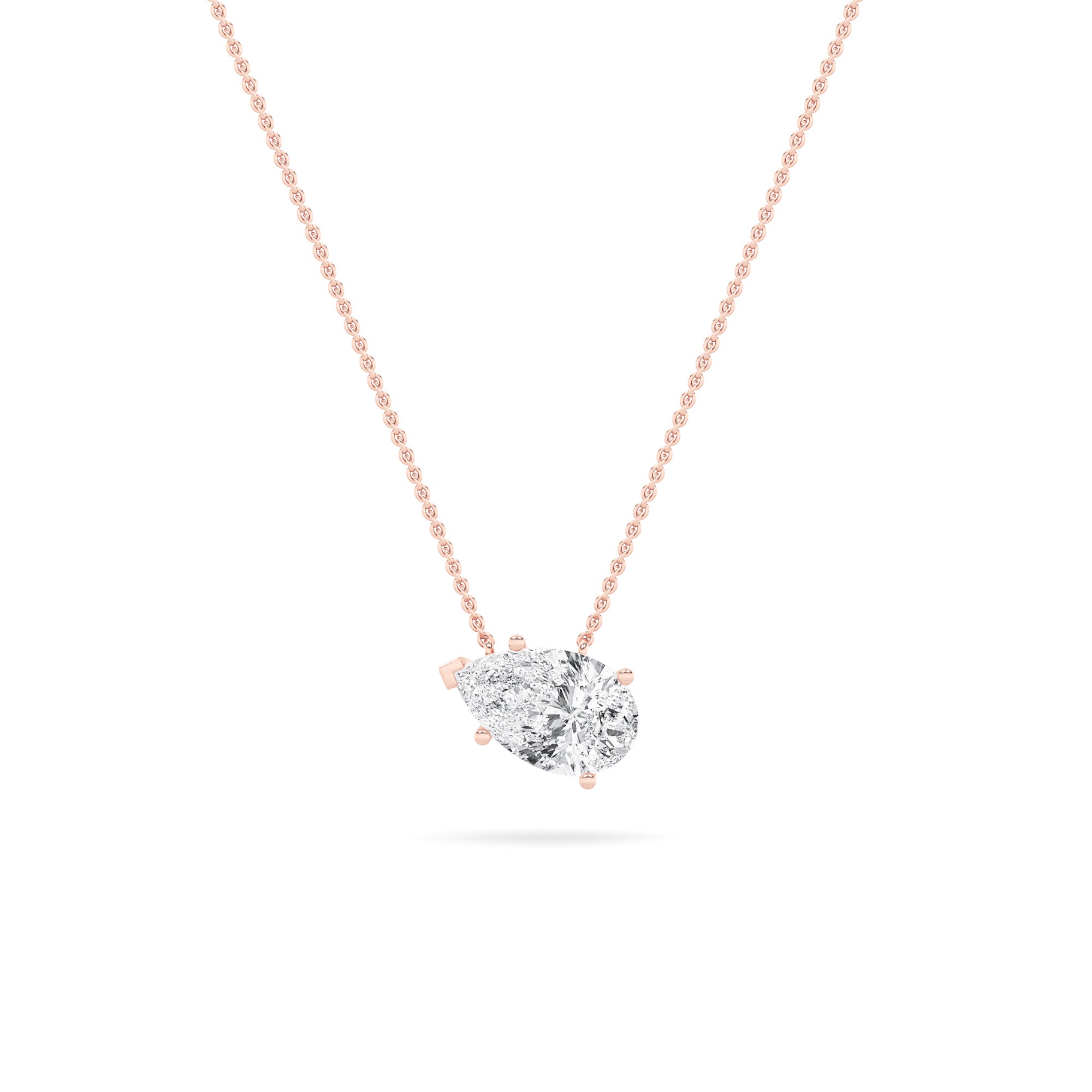 3CTW Pear Shaped Lab Grown Diamond (F/VS) East West Solitaire Necklace in 14K Gold