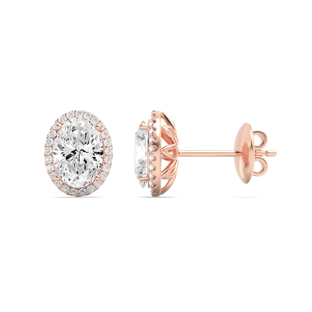 1CTW Oval Shaped Lab Grown Diamond (F/VVS) Halo Stud Earrings in 14K Gold