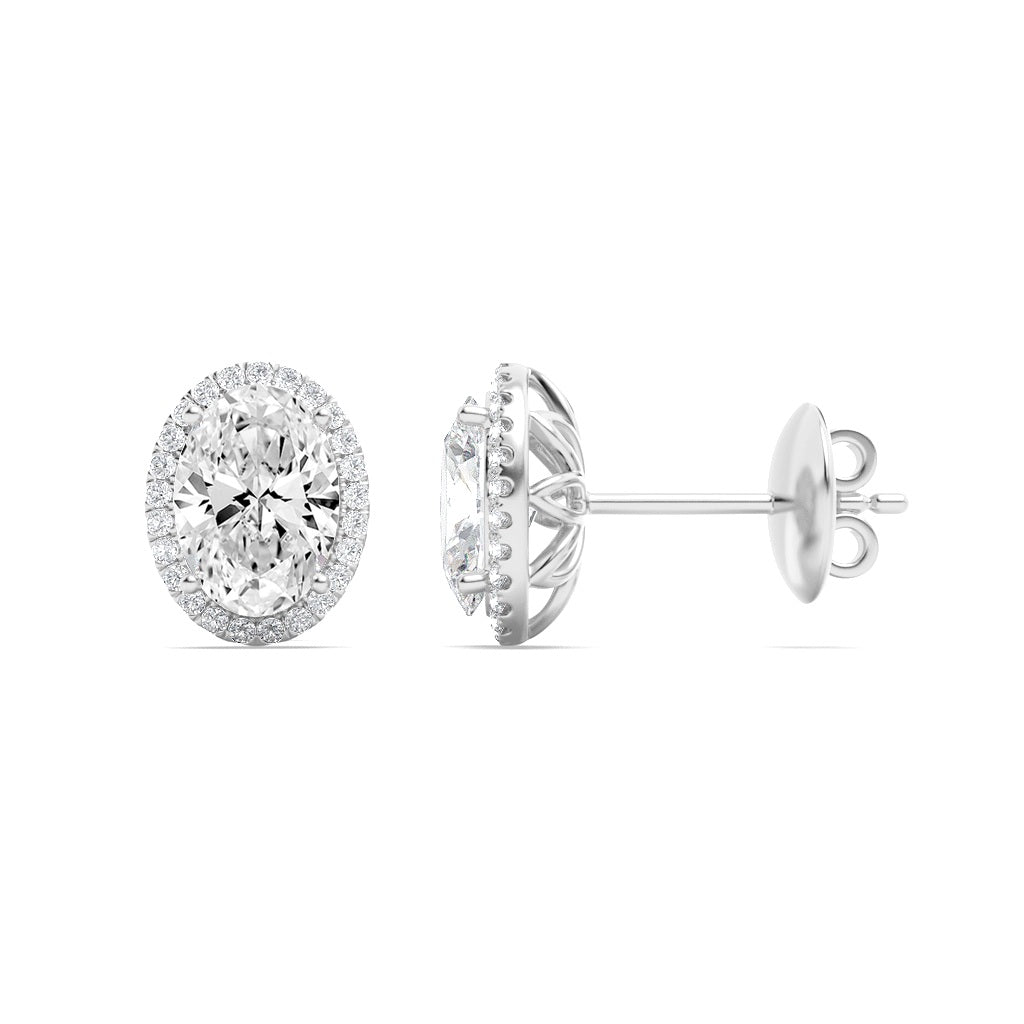 2CTW Oval Shaped Lab Grown Diamond (F/VS) Halo Stud Earrings in 14K Gold