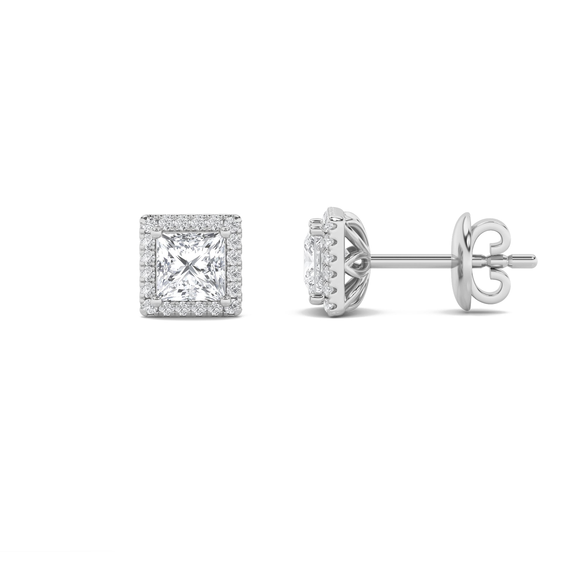 2CTW Princess Shaped Lab Grown Diamond (F/VS) Halo Stud Earrings in 14K Gold