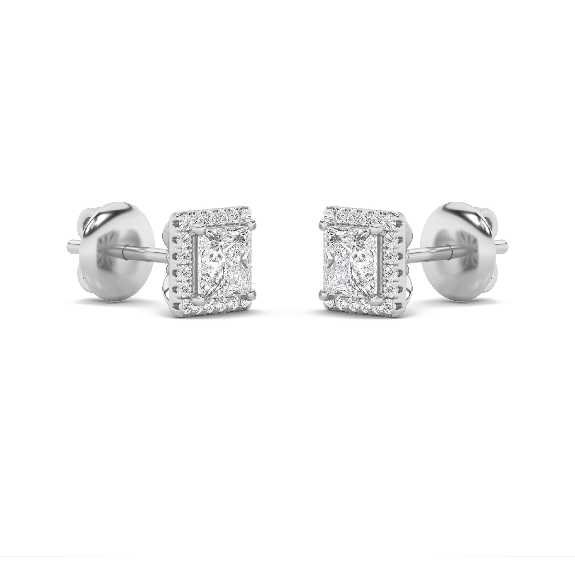 2CTW Princess Shaped Lab Grown Diamond (F/VS) Halo Stud Earrings in 14K Gold