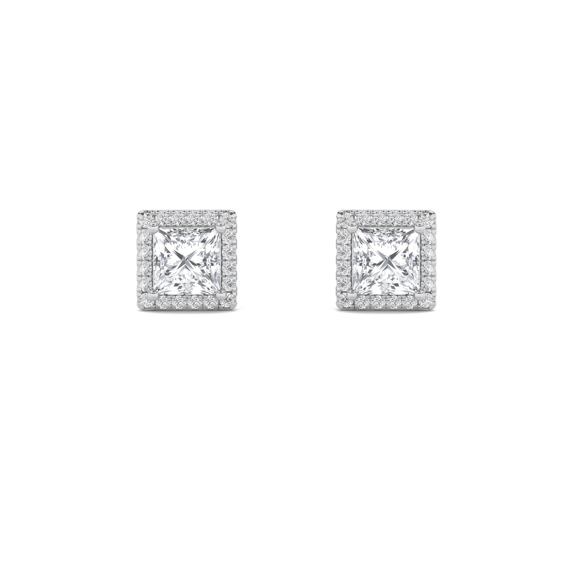 2CTW Princess Shaped Lab Grown Diamond (F/VVS) Halo Stud Earrings in 14K Gold