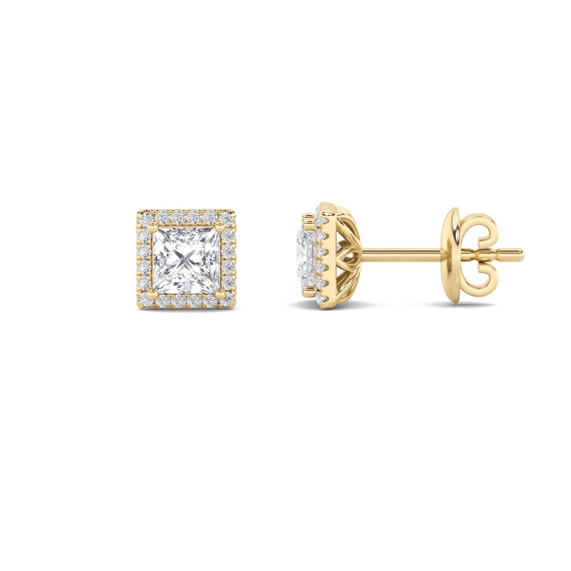 2CTW Princess Shaped Lab Grown Diamond (G/VS) Halo Stud Earrings in 14K Gold