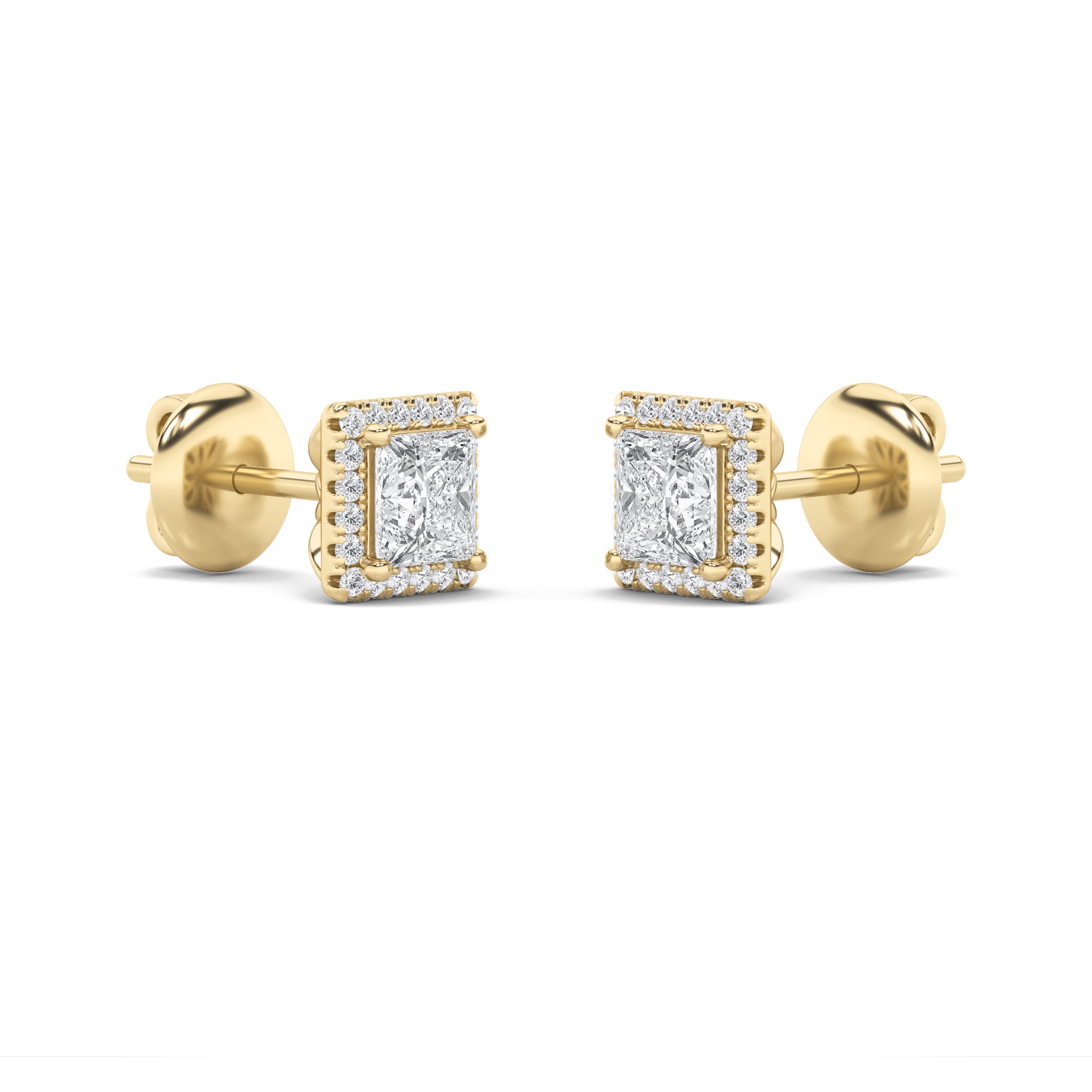 2CTW Princess Shaped Lab Grown Diamond (G/VS) Halo Stud Earrings in 14K Gold