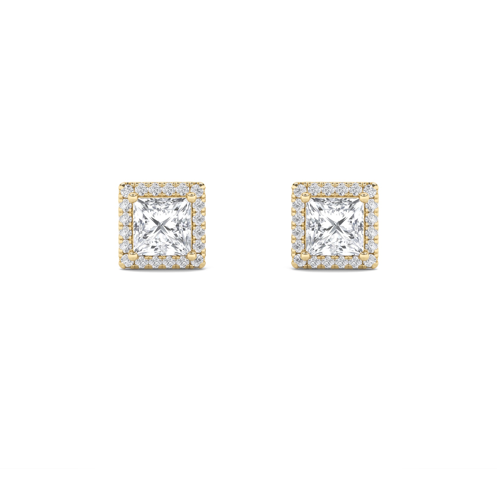 2CTW Princess Shaped Lab Grown Diamond (G/VS) Halo Stud Earrings in 14K Gold