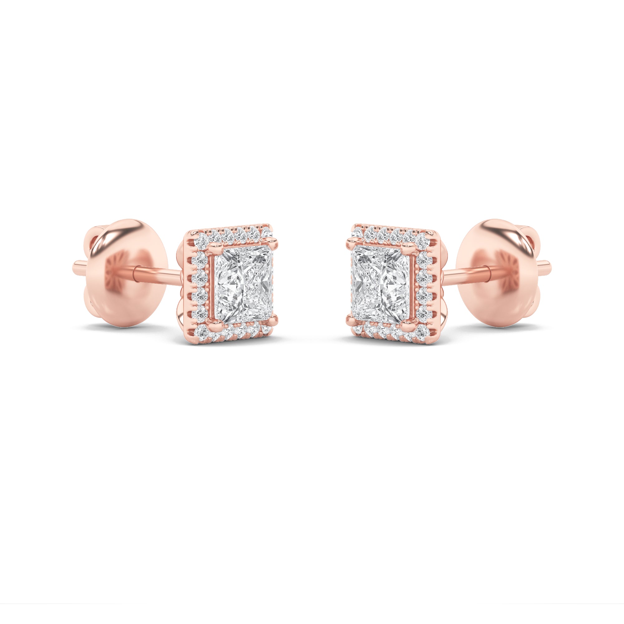 2CTW Princess Shaped Lab Grown Diamond (F/VS) Halo Stud Earrings in 14K Gold
