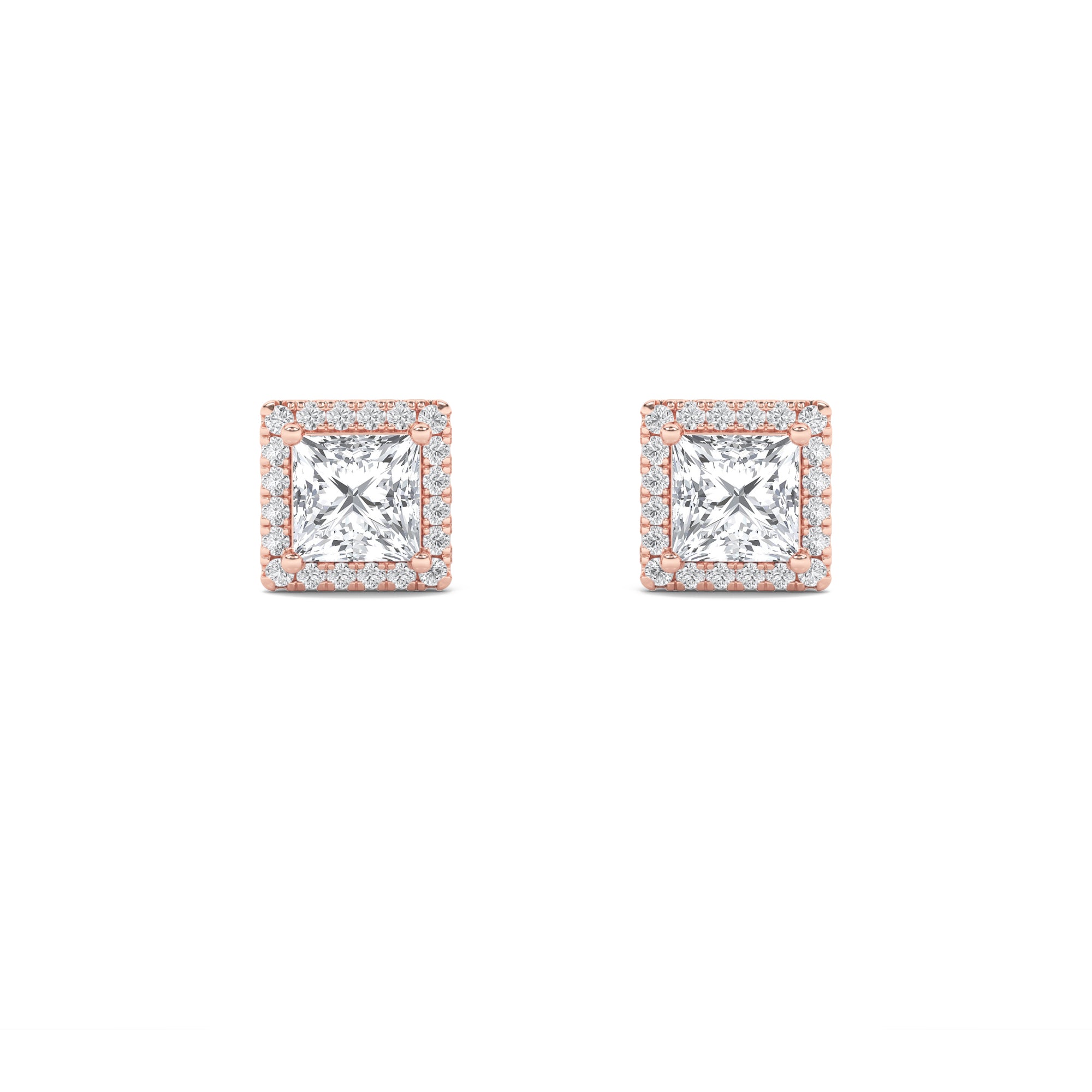 2CTW Princess Shaped Lab Grown Diamond (F/VS) Halo Stud Earrings in 14K Gold