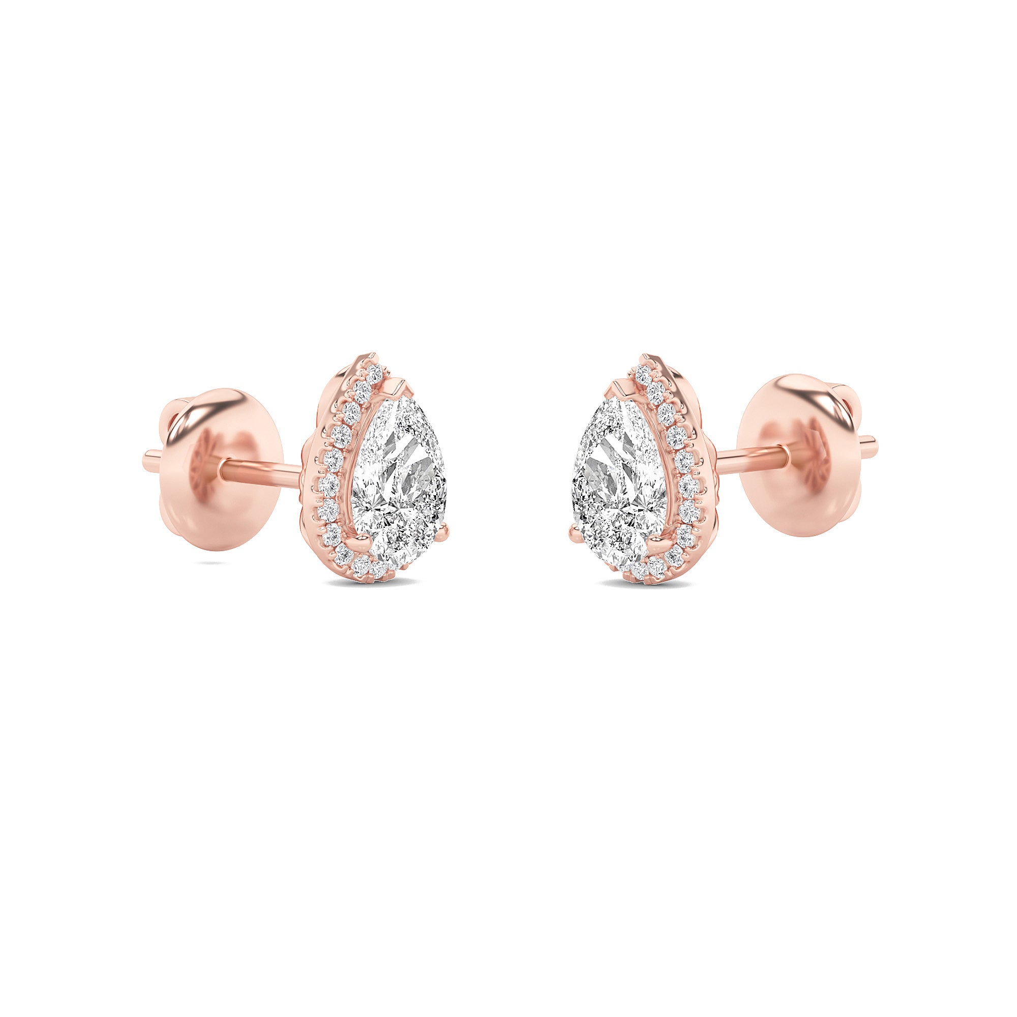 2CTW Pear Shaped Lab Grown Diamond (F/VS) Halo Stud Earrings in 14K Gold