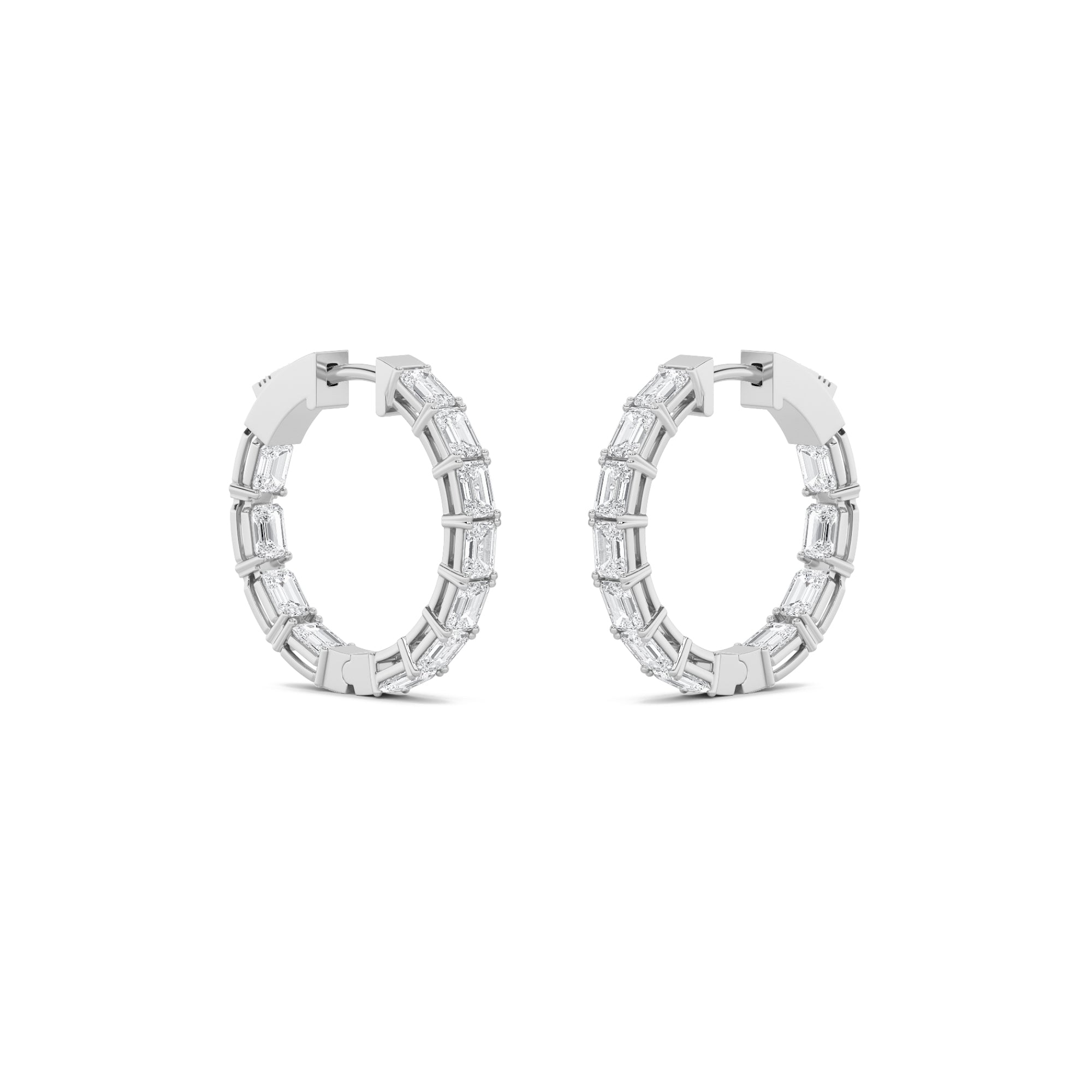 4CTW Emerald Shaped Lab Grown Diamond (F/VS) Inside Out Hoop Earrings in 14K Gold