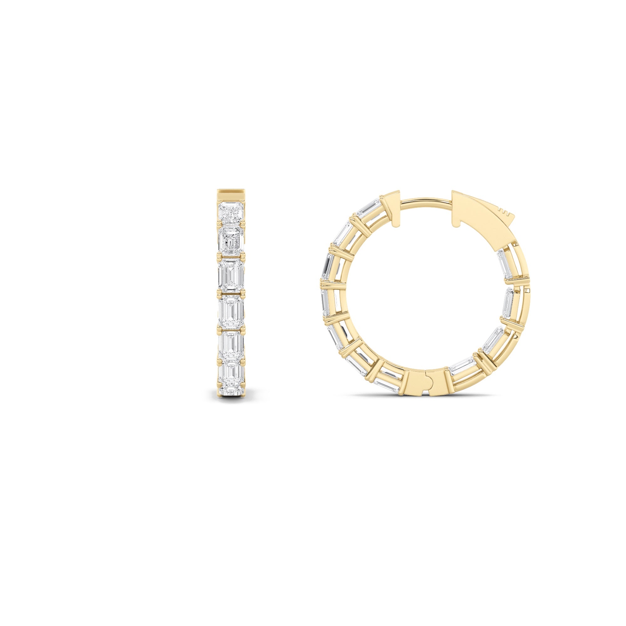 4CTW Emerald Shaped Lab Grown Diamond (G/VS) Inside Out Hoop Earrings in 14K Gold