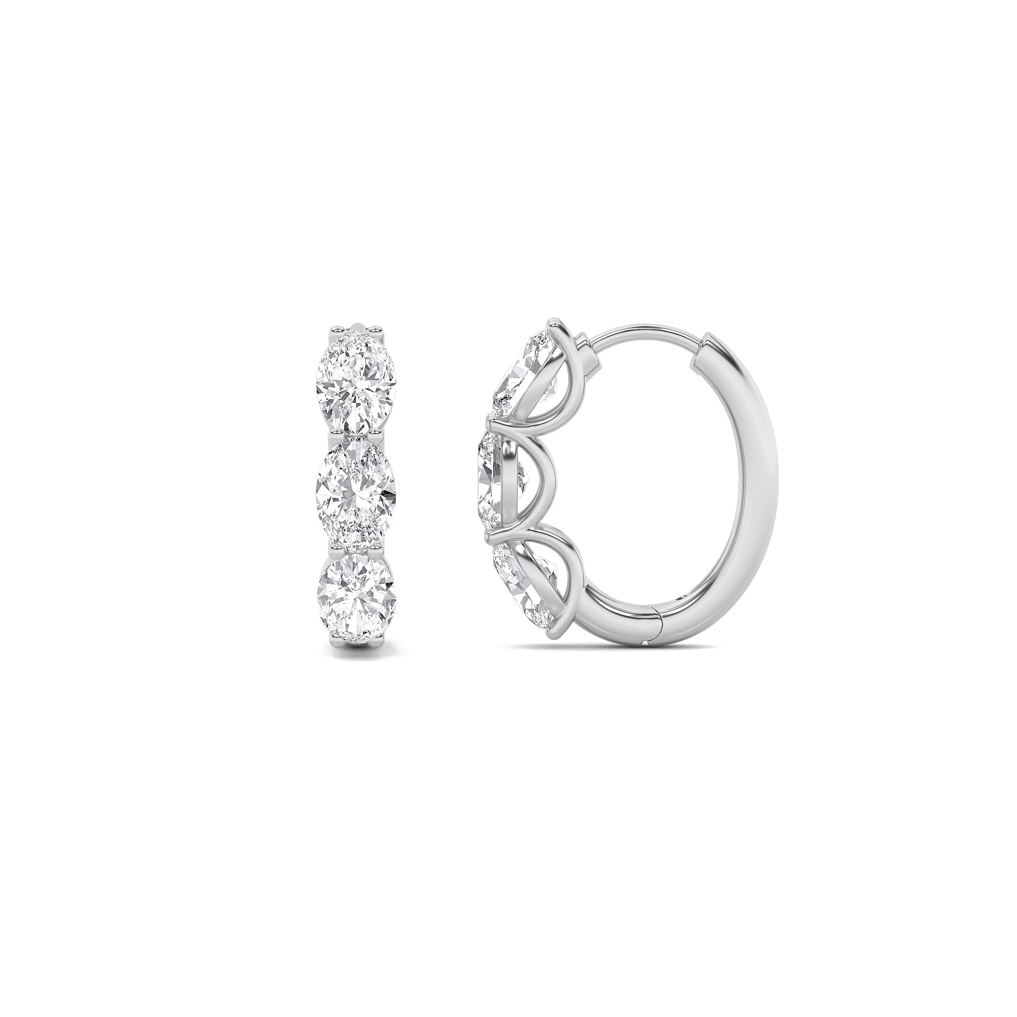 3CTW Oval Shaped Lab Grown Diamond (F/VS) Three Stone Huggie Earrings in 14K Gold