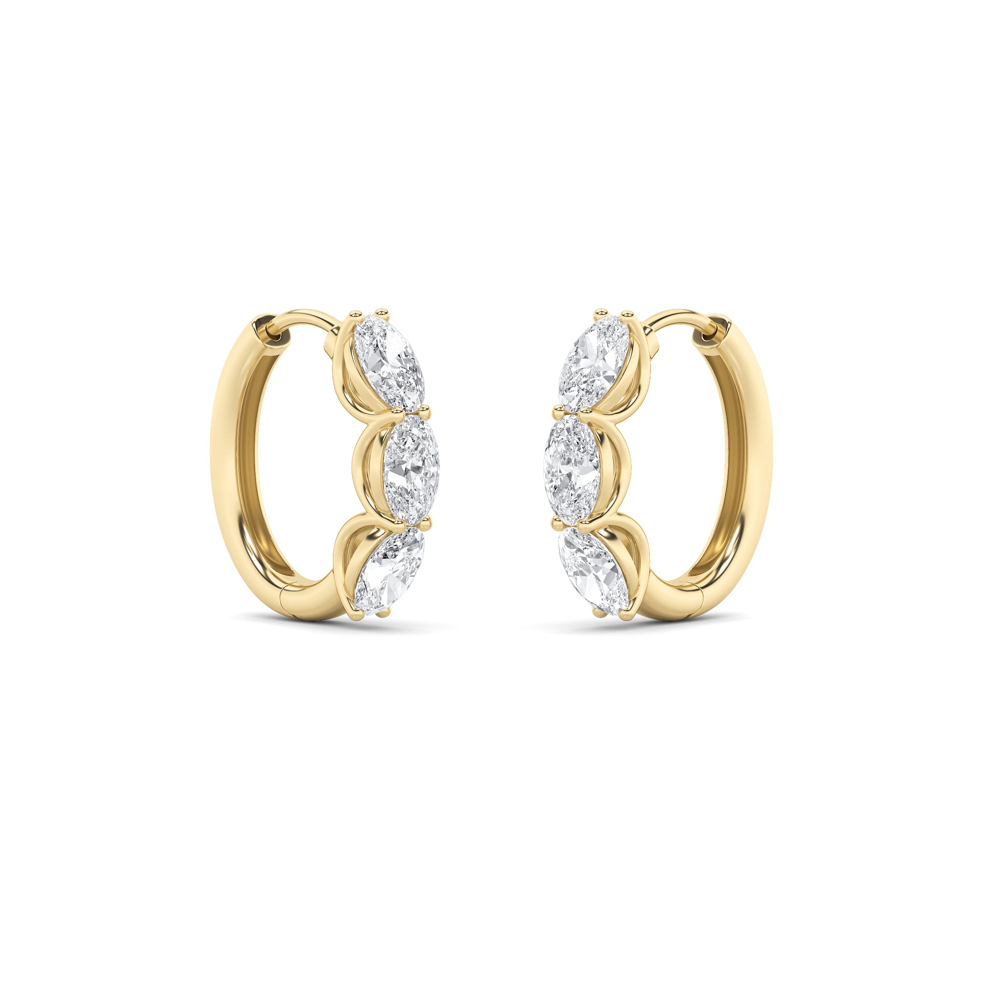 3CTW Oval Shaped Lab Grown Diamond (F/VS) Three Stone Huggie Earrings in 14K Gold