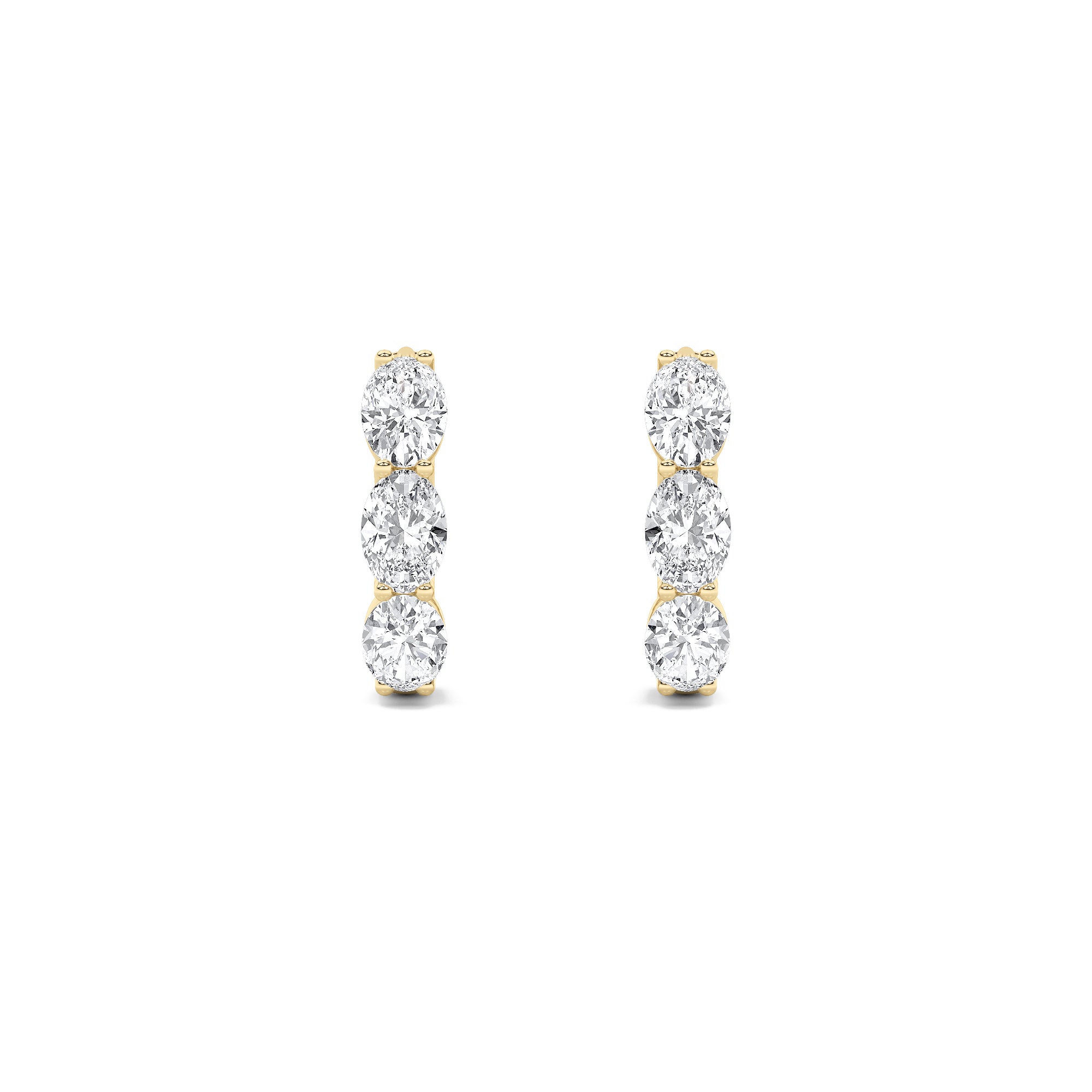 3CTW Oval Shaped Lab Grown Diamond (F/VS) Three Stone Huggie Earrings in 14K Gold