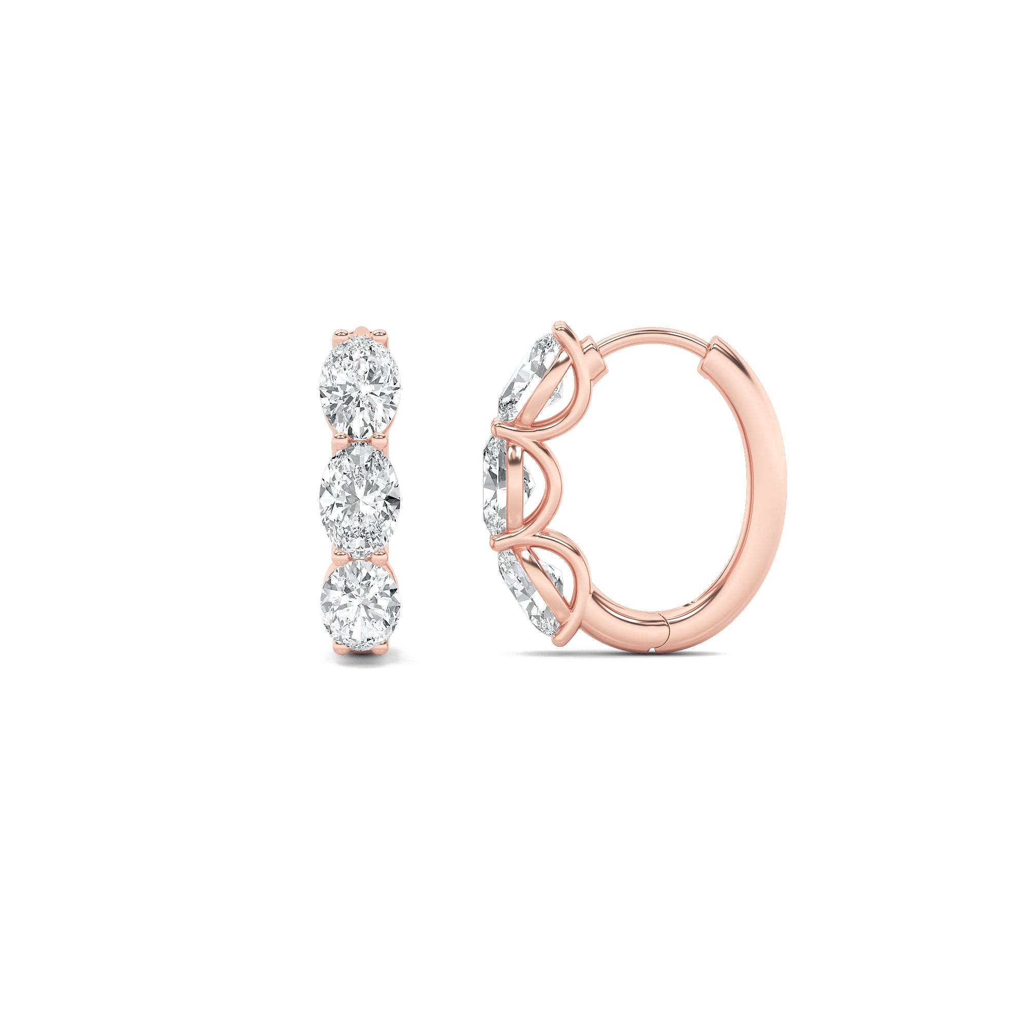 3CTW Oval Shaped Lab Grown Diamond (F/VS) Three Stone Huggie Earrings in 14K Gold