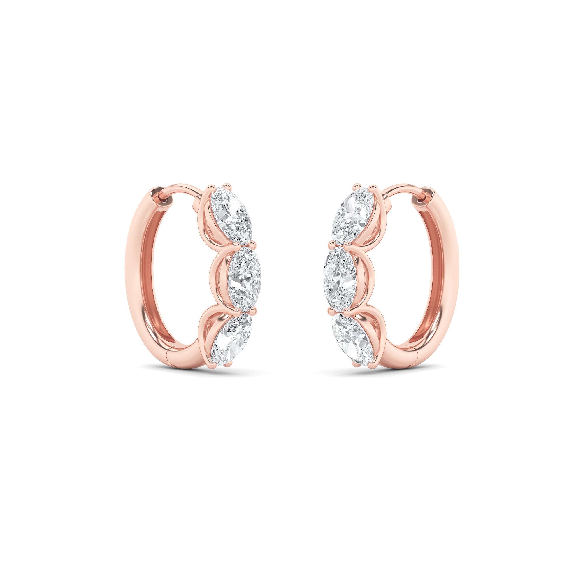 3CTW Oval Shaped Lab Grown Diamond (F/VS) Three Stone Huggie Earrings in 14K Gold