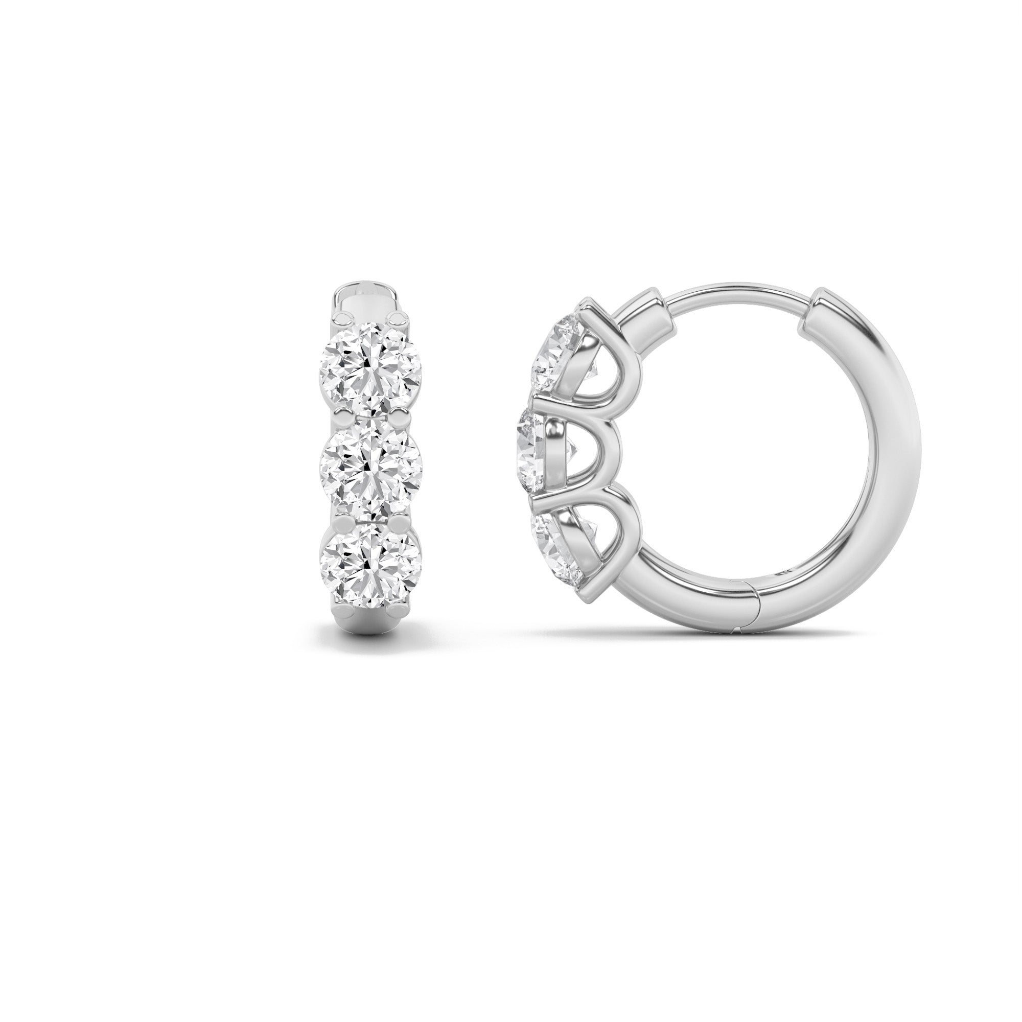 2CTW Round Shaped Lab Grown Diamond (F/VS) Three Stone Huggie Earrings in 14K Gold