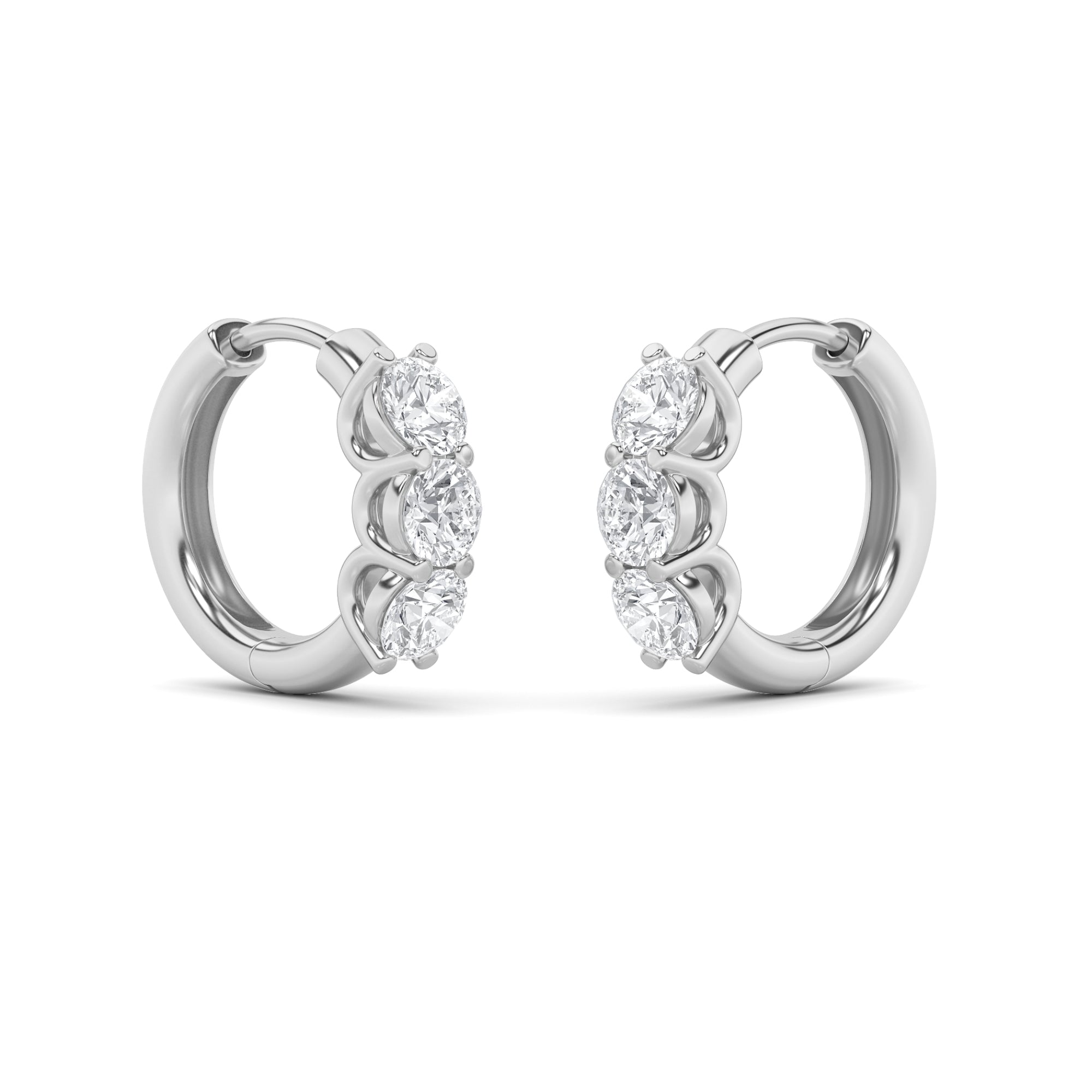2CTW Round Shaped Lab Grown Diamond (F/VS) Three Stone Huggie Earrings in 14K Gold