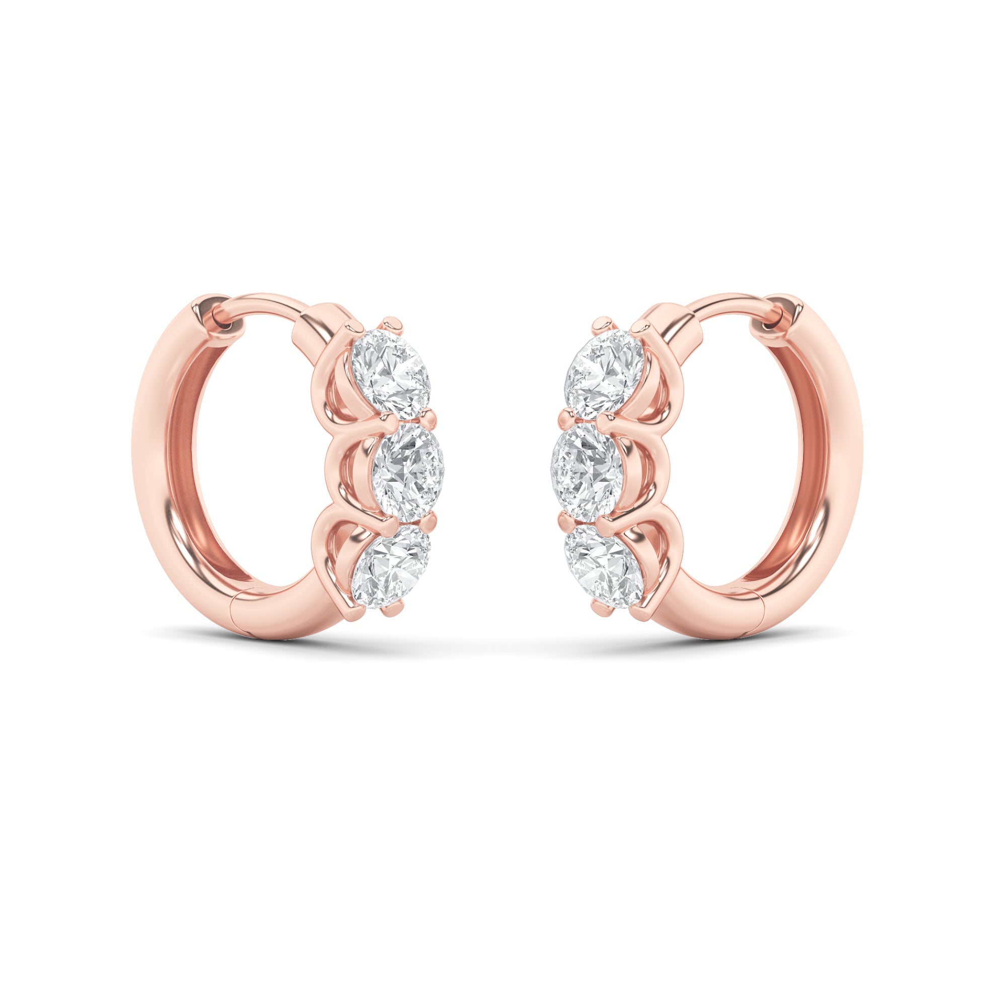2CTW Round Shaped Lab Grown Diamond (F/VS) Three Stone Huggie Earrings in 14K Gold