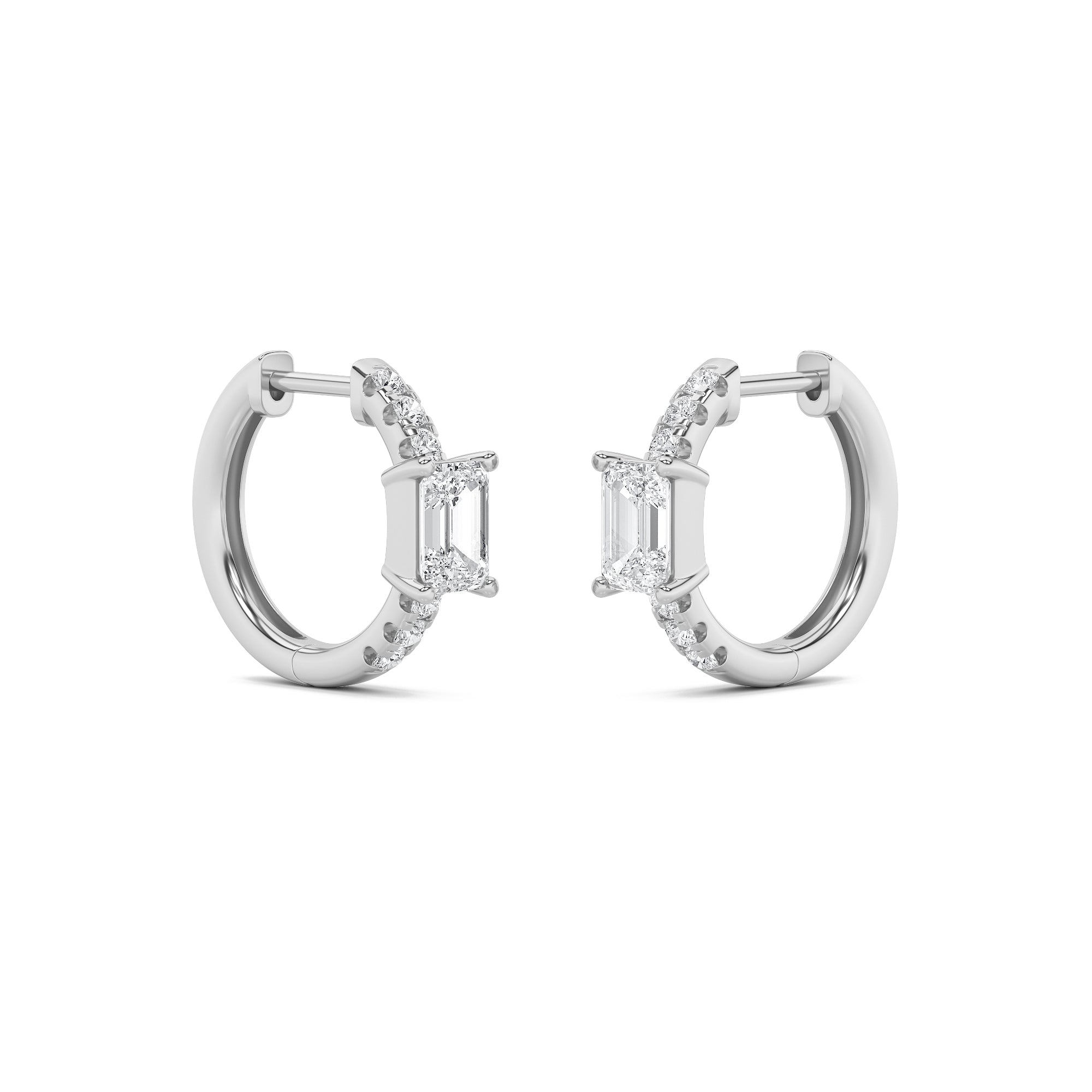 1.5CTW Emerald Shaped Lab Grown Diamond (F/VS) Solitare Accent Huggie Earrings in 14K Gold