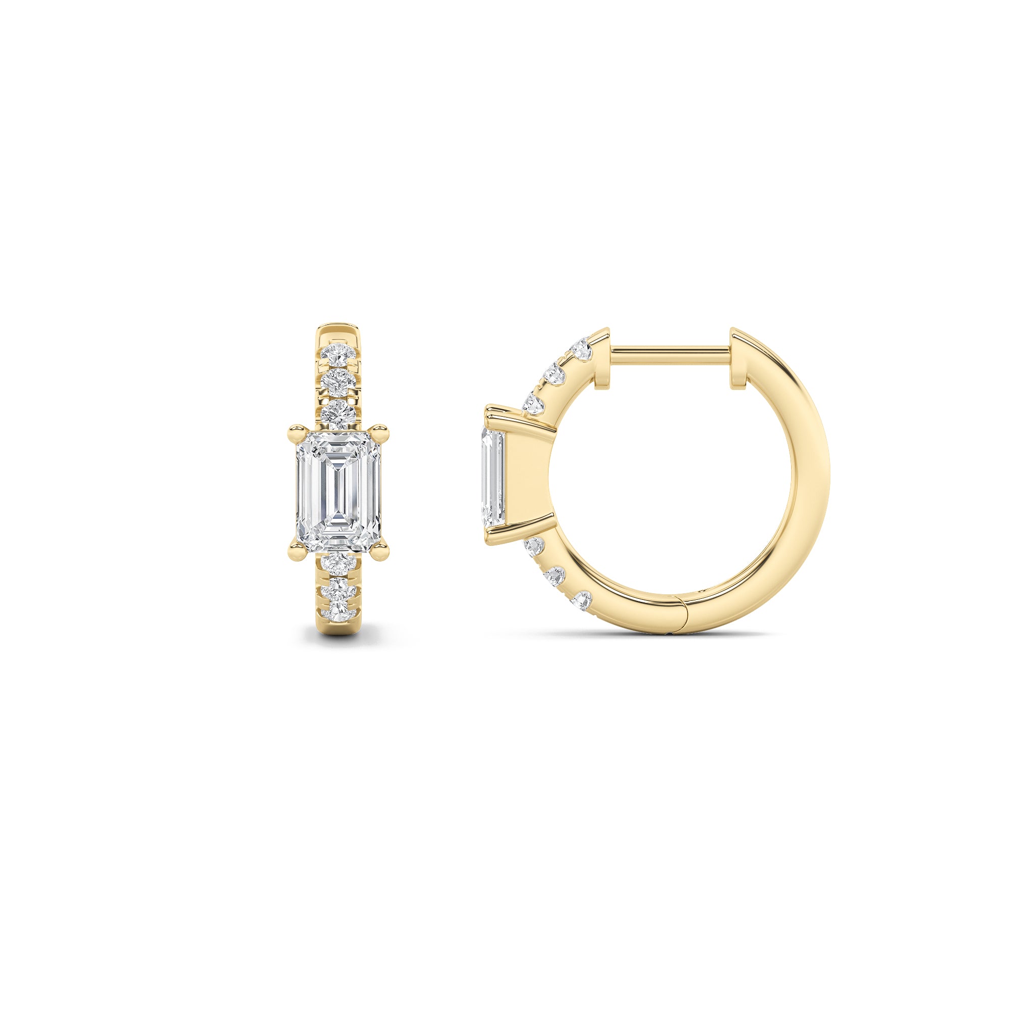 1.5CTW Emerald Shaped Lab Grown Diamond (G/VS) Solitare Accent Huggie Earrings in 14K Gold