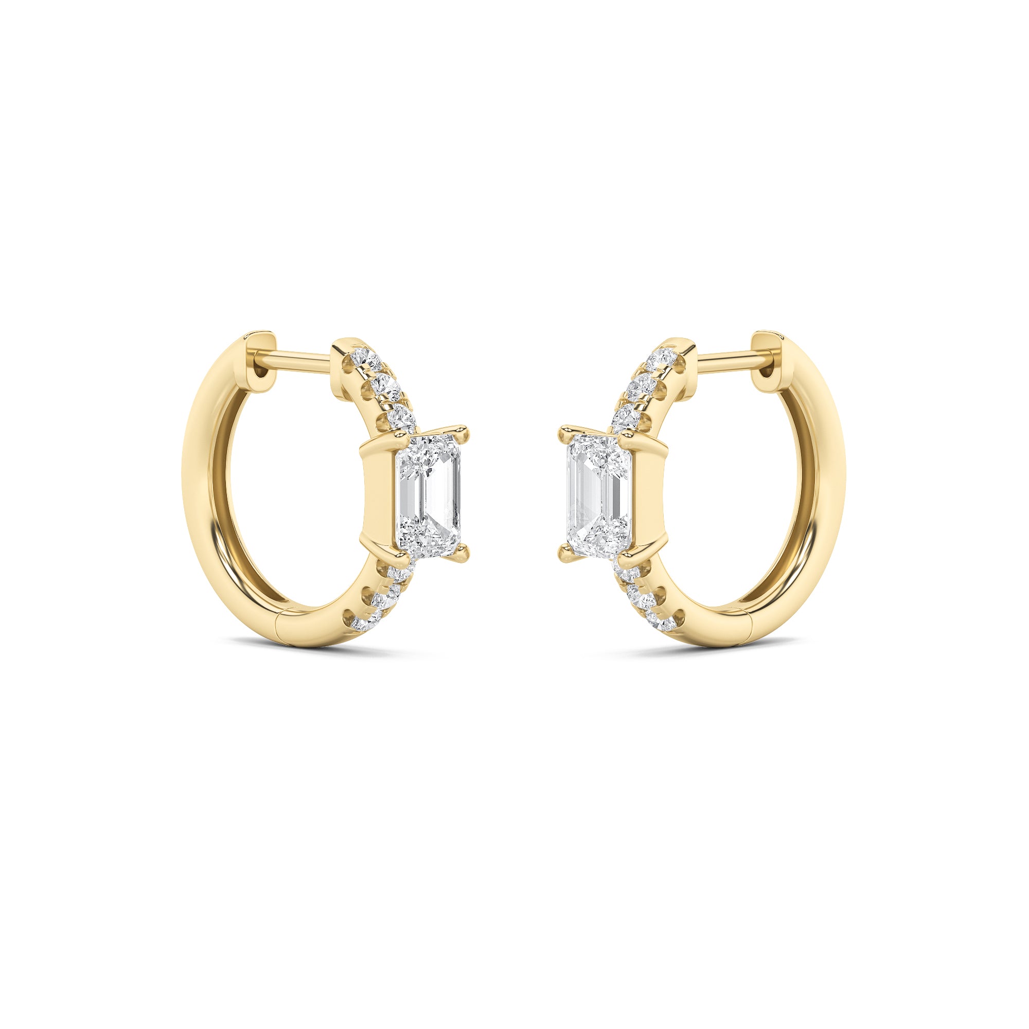 1.5CTW Emerald Shaped Lab Grown Diamond (G/VS) Solitare Accent Huggie Earrings in 14K Gold