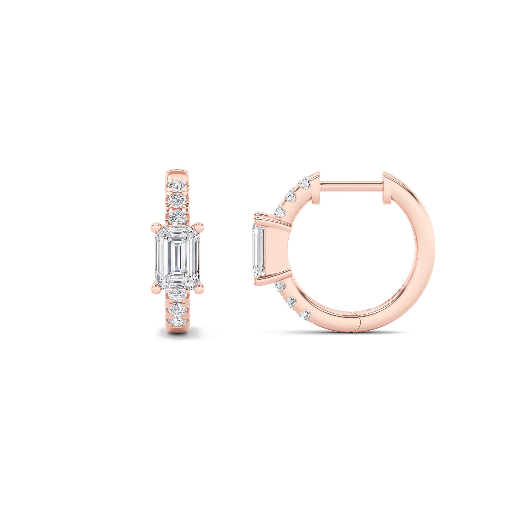1.5CTW Emerald Shaped Lab Grown Diamond (F/VS) Solitare Accent Huggie Earrings in 14K Gold