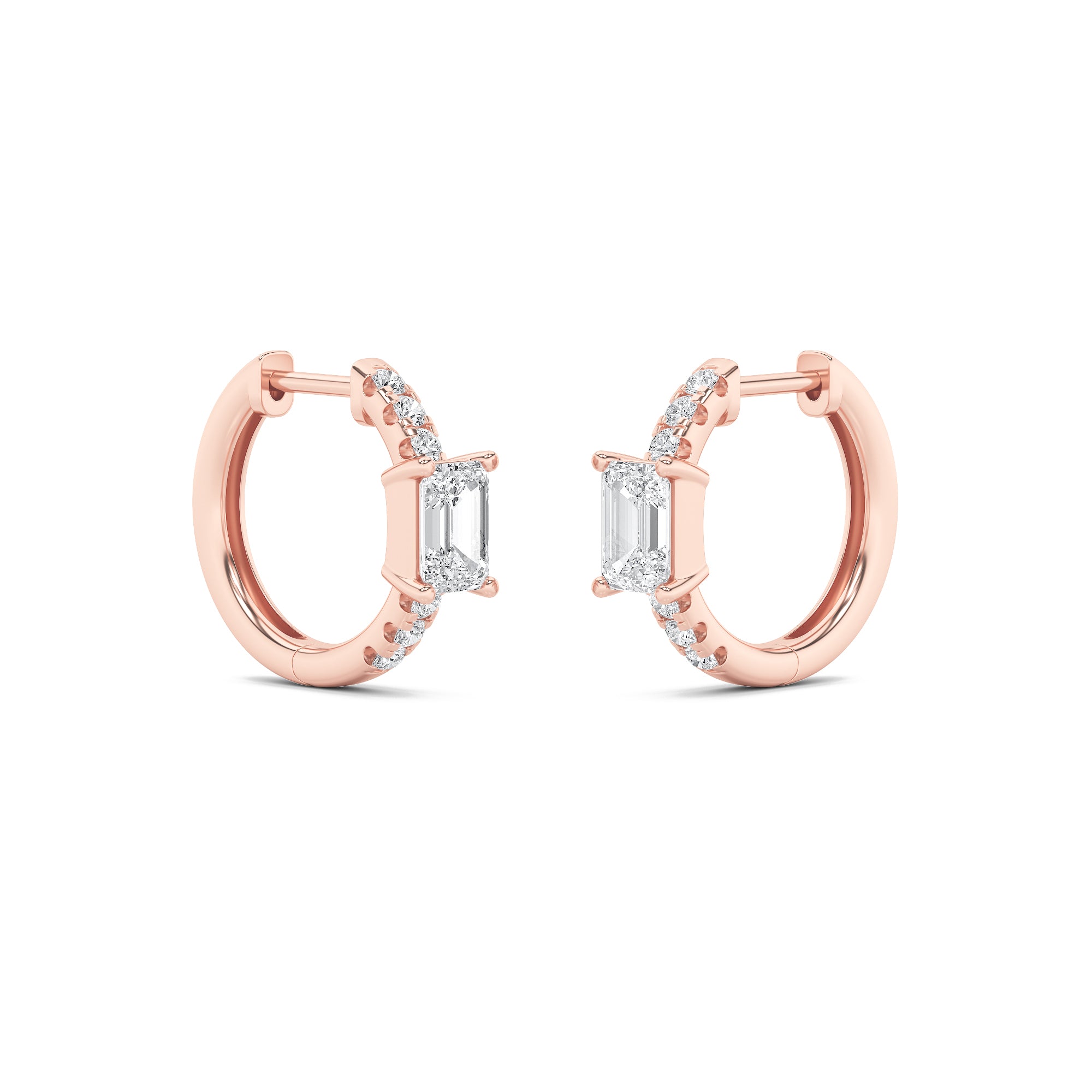 1.5CTW Emerald Shaped Lab Grown Diamond (F/VS) Solitare Accent Huggie Earrings in 14K Gold