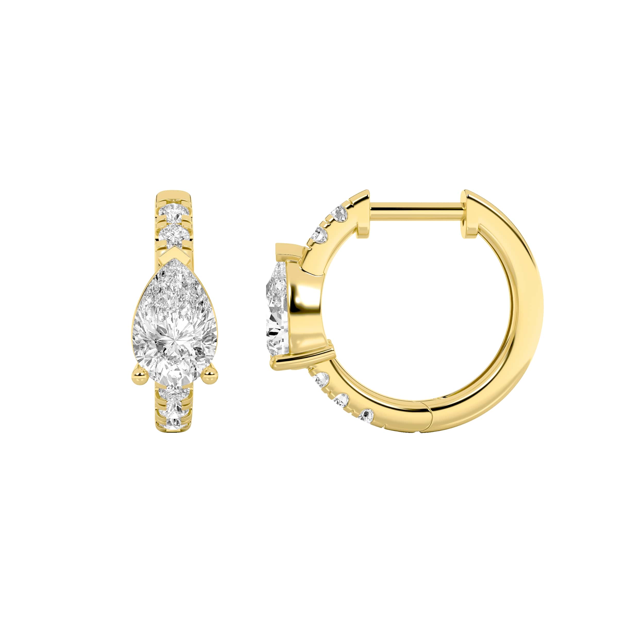 1.5CTW Pear Shaped Lab Grown Diamond (F/VS) Solitare Accent Huggie Earrings in 14K Gold