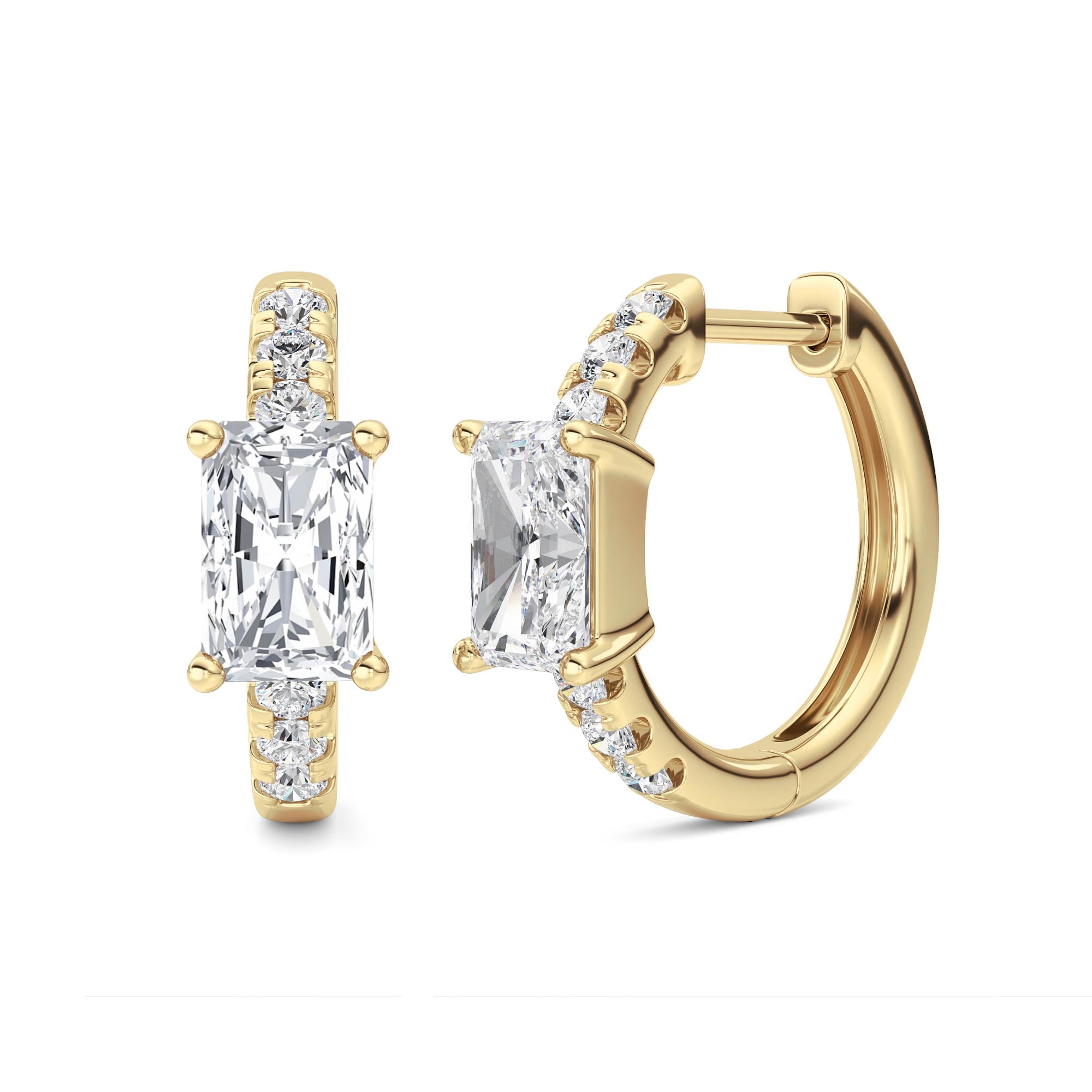 1.5CTW Radiant Shaped Lab Grown Diamond (G/VS) Solitare Accent Huggie Earrings in 14K Gold
