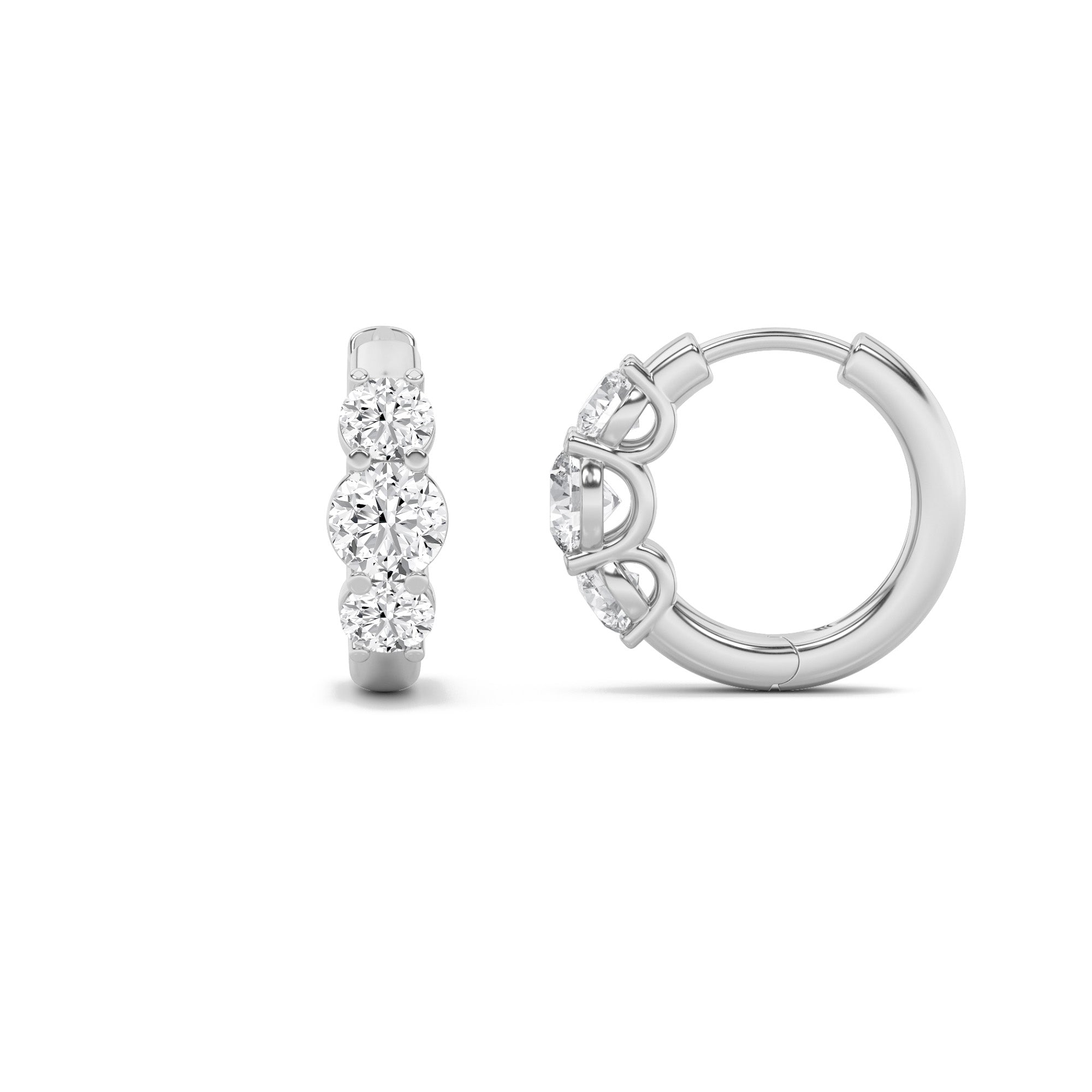 2CTW Round Shaped Lab Grown Diamond (F/VS) Three Stone Huggie Earrings in 10K Gold