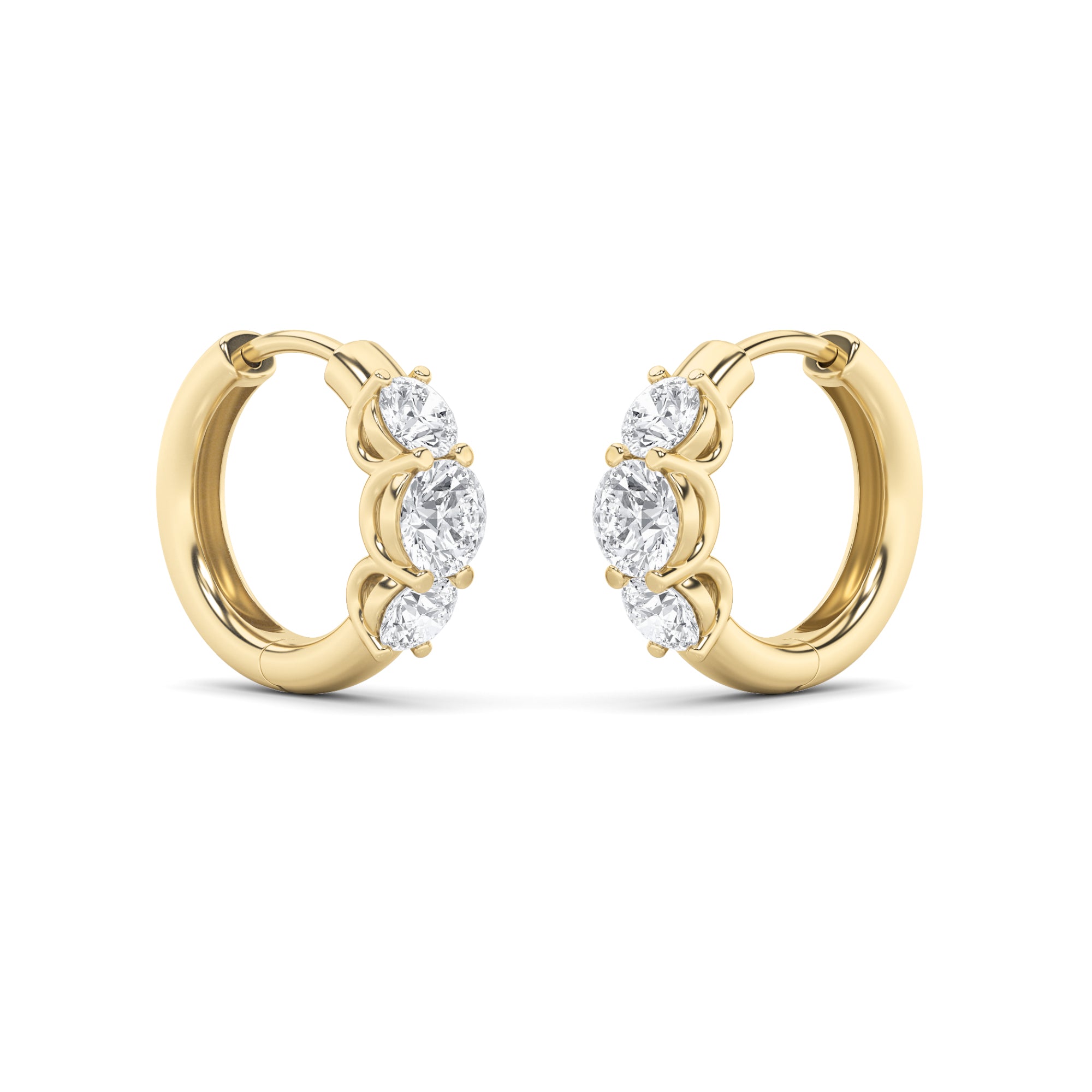 2CTW Round Shaped Lab Grown Diamond (G/VS) Three Stone Huggie Earrings in 14K Gold