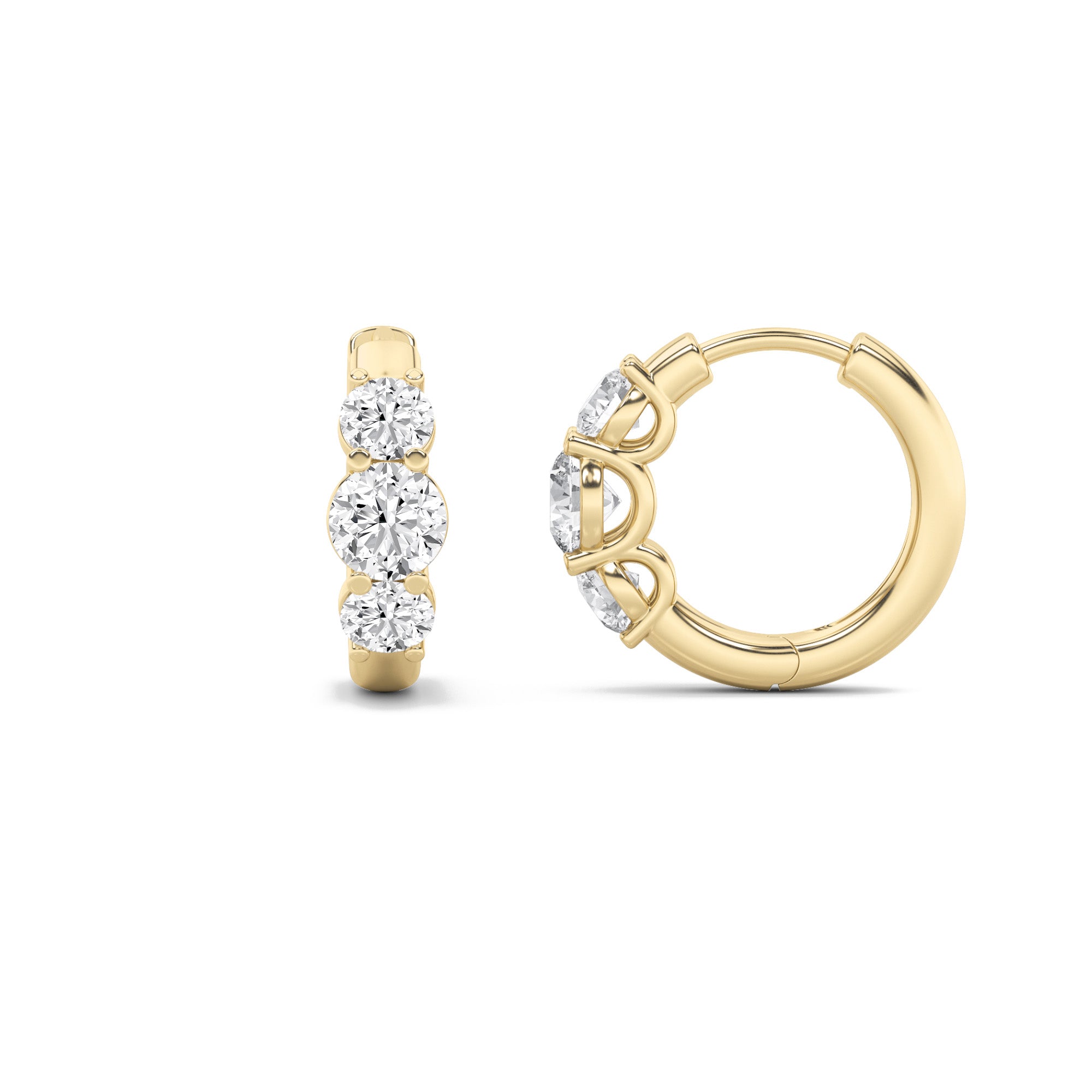 2CTW Round Shaped Lab Grown Diamond (F/VVS) Three Stone Huggie Earrings in 14K Gold
