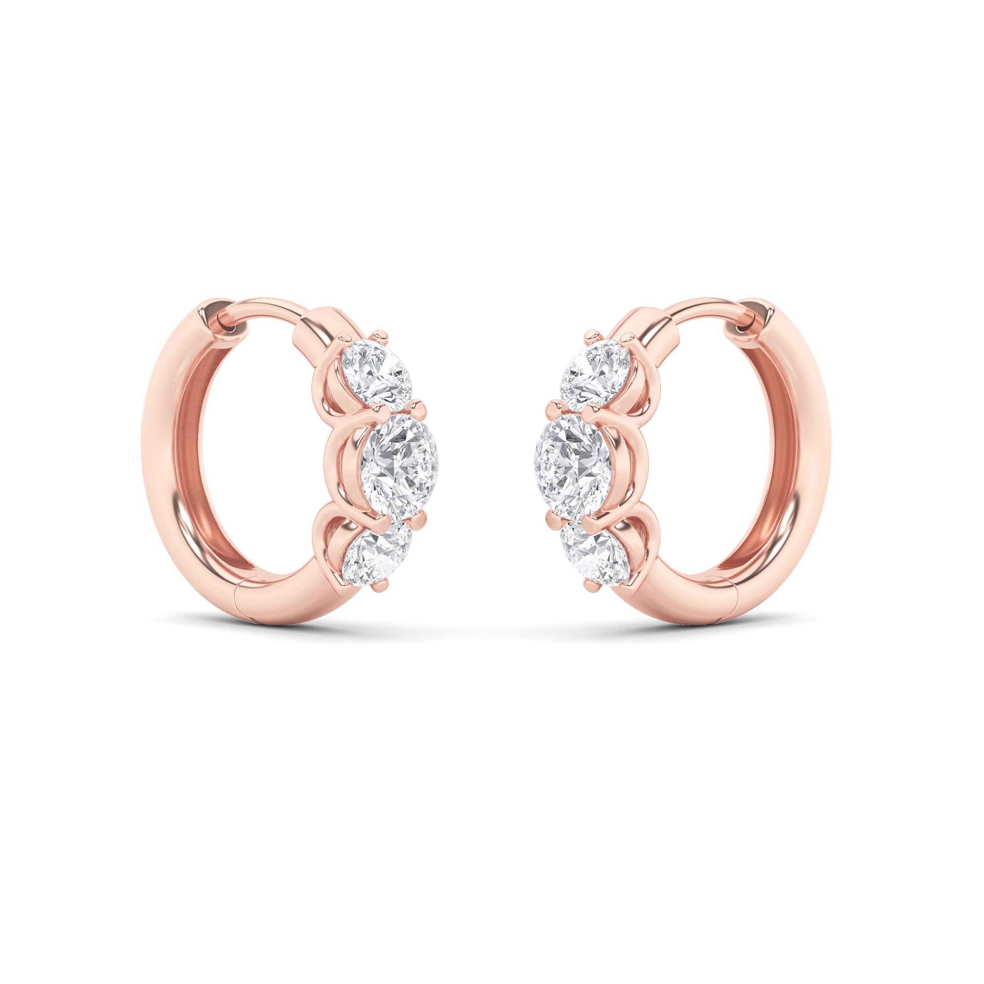 2CTW Round Shaped Lab Grown Diamond (F/VVS) Three Stone Huggie Earrings in 14K Gold