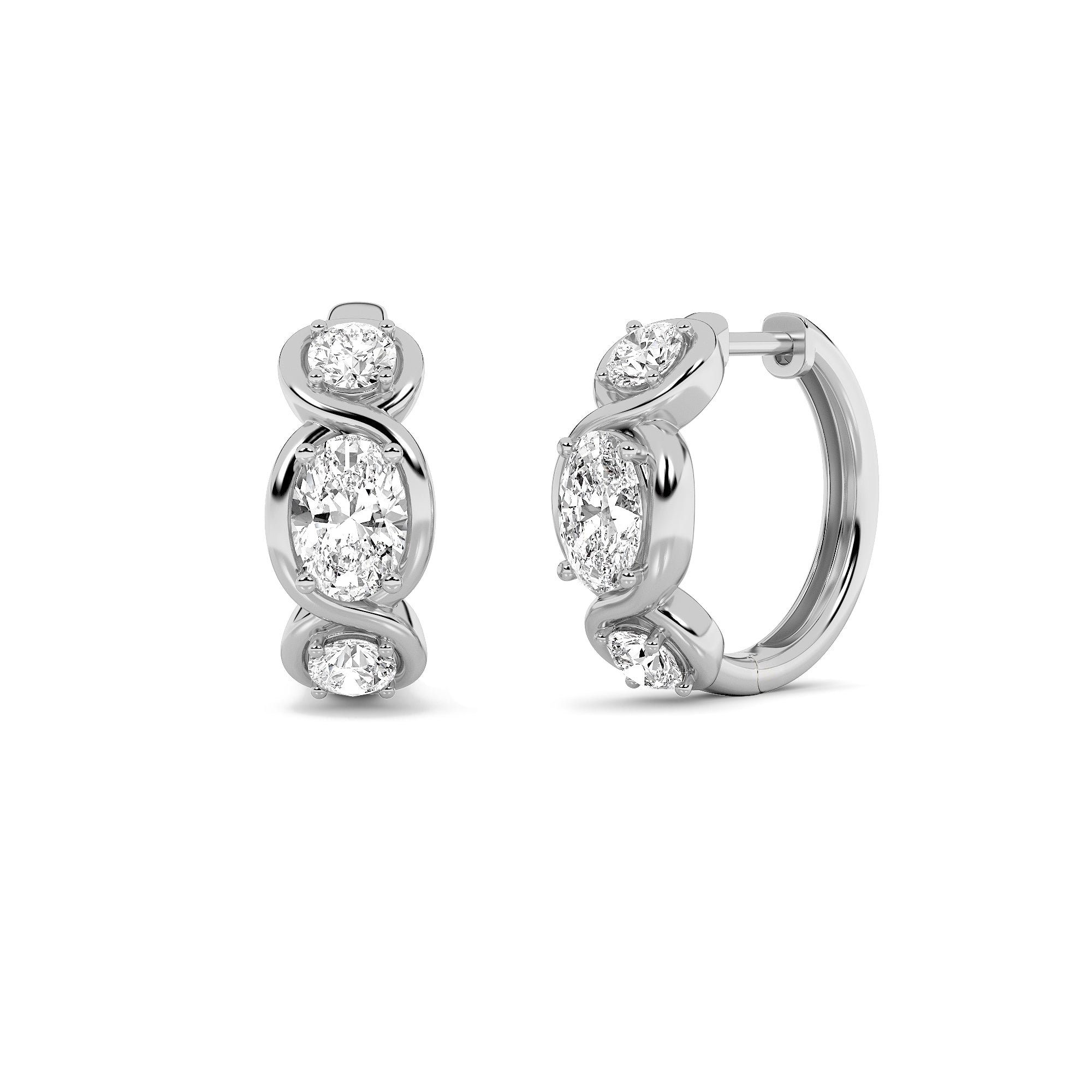 2.5CTW Oval Shaped Lab Grown Diamond (F/VS) Three Stone Huggie Earrings in 14K Gold