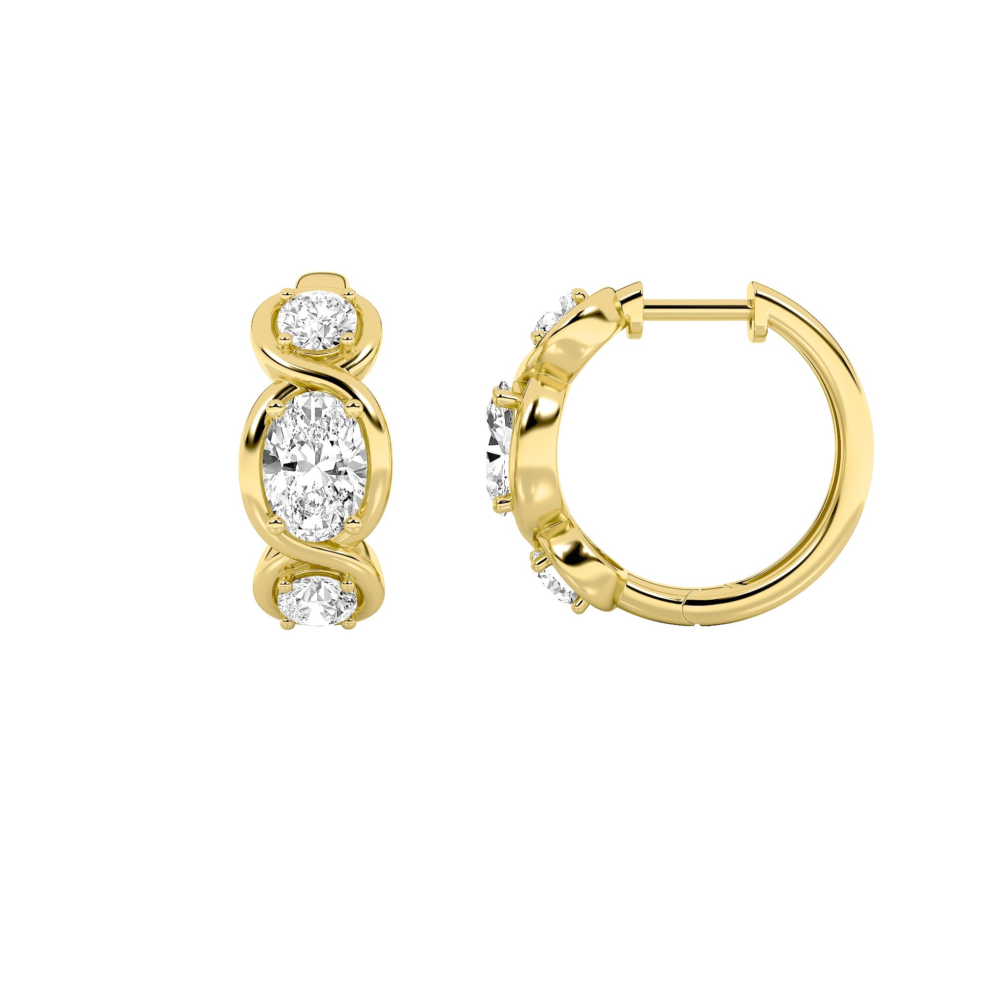 2.5CTW Oval Shaped Lab Grown Diamond (F/VS) Three Stone Huggie Earrings in 14K Gold