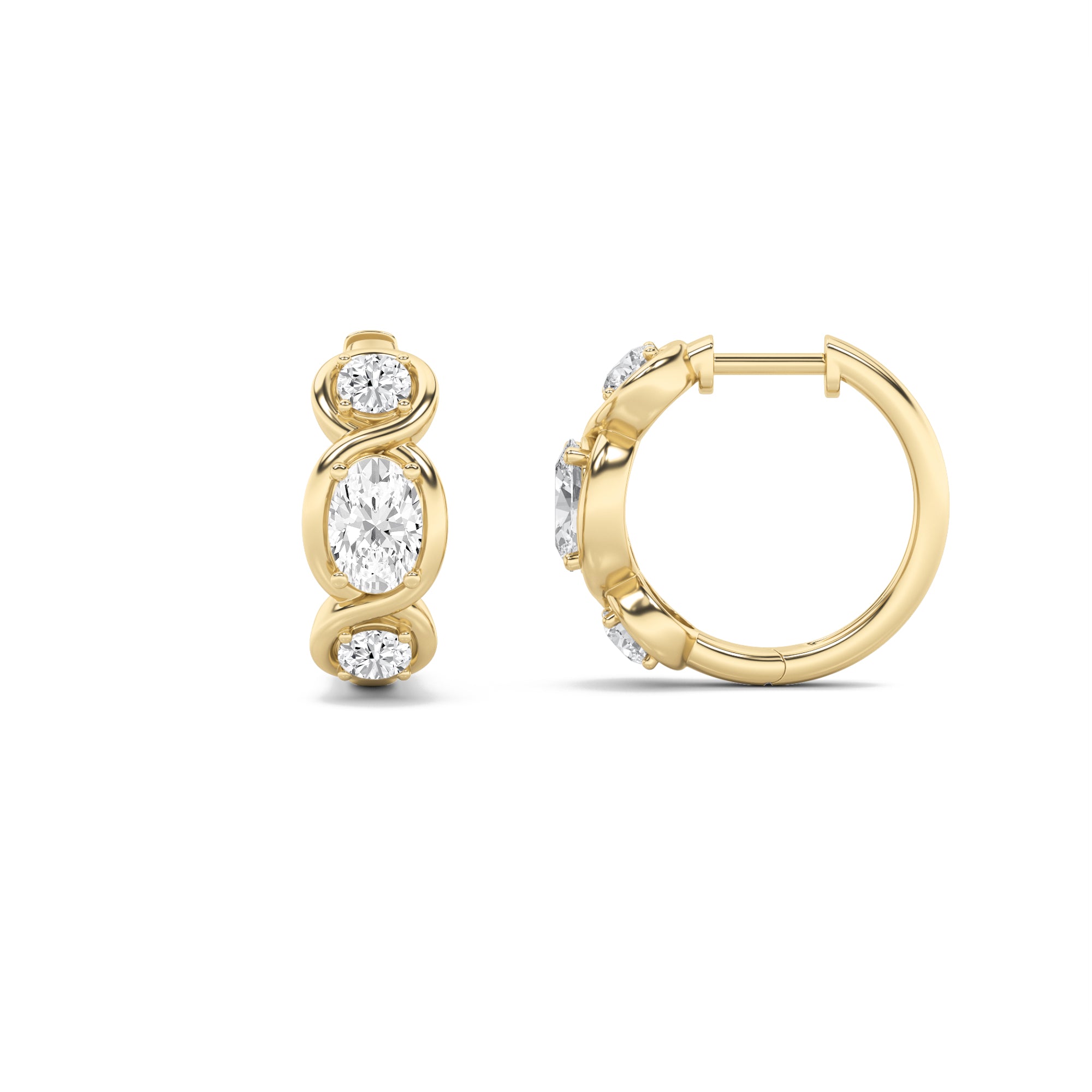 2.5CTW Oval Shaped Lab Grown Diamond (G/VS) Three Stone Huggie Earrings in 14K Gold